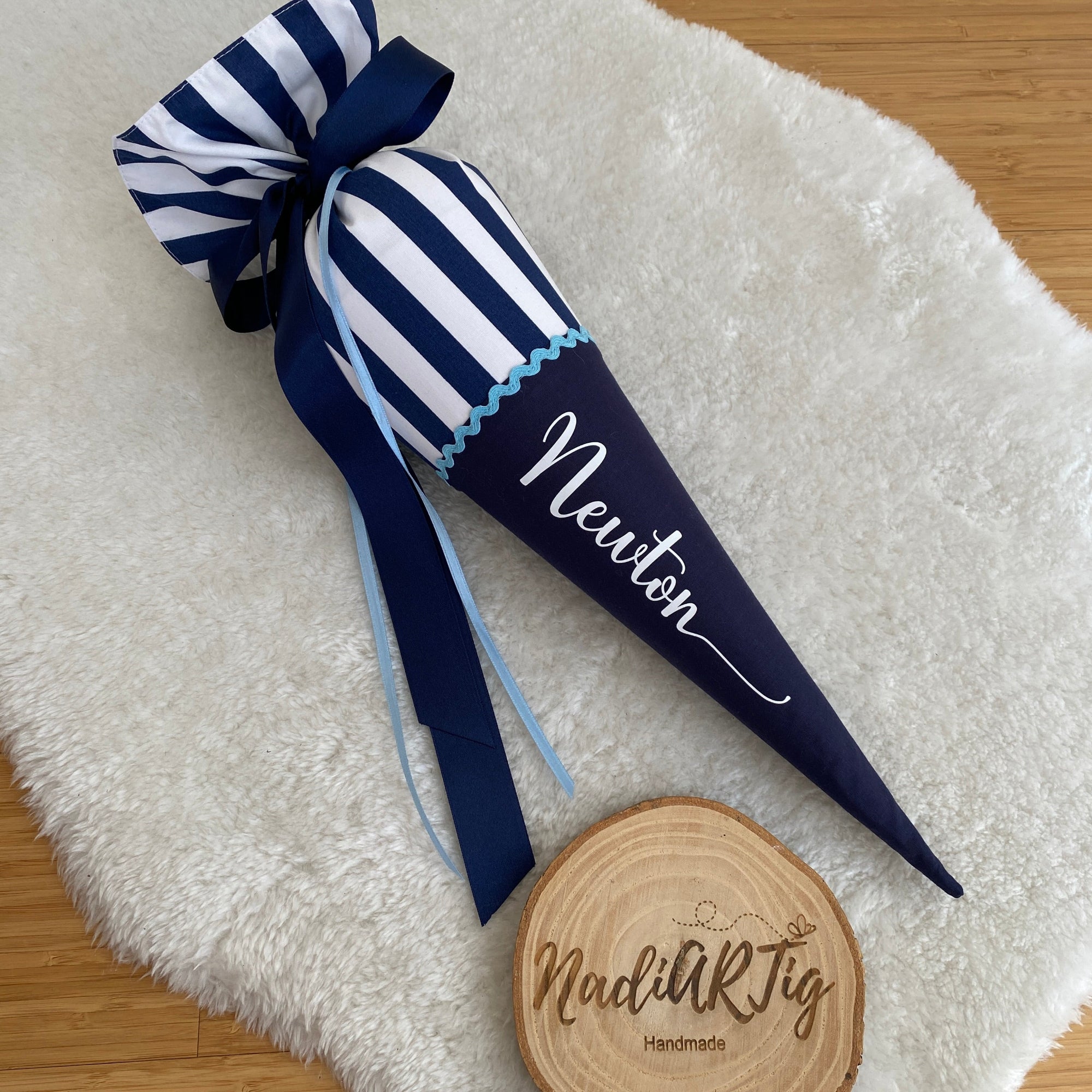 Stoffschultute dunkelblau gestreift mit namen