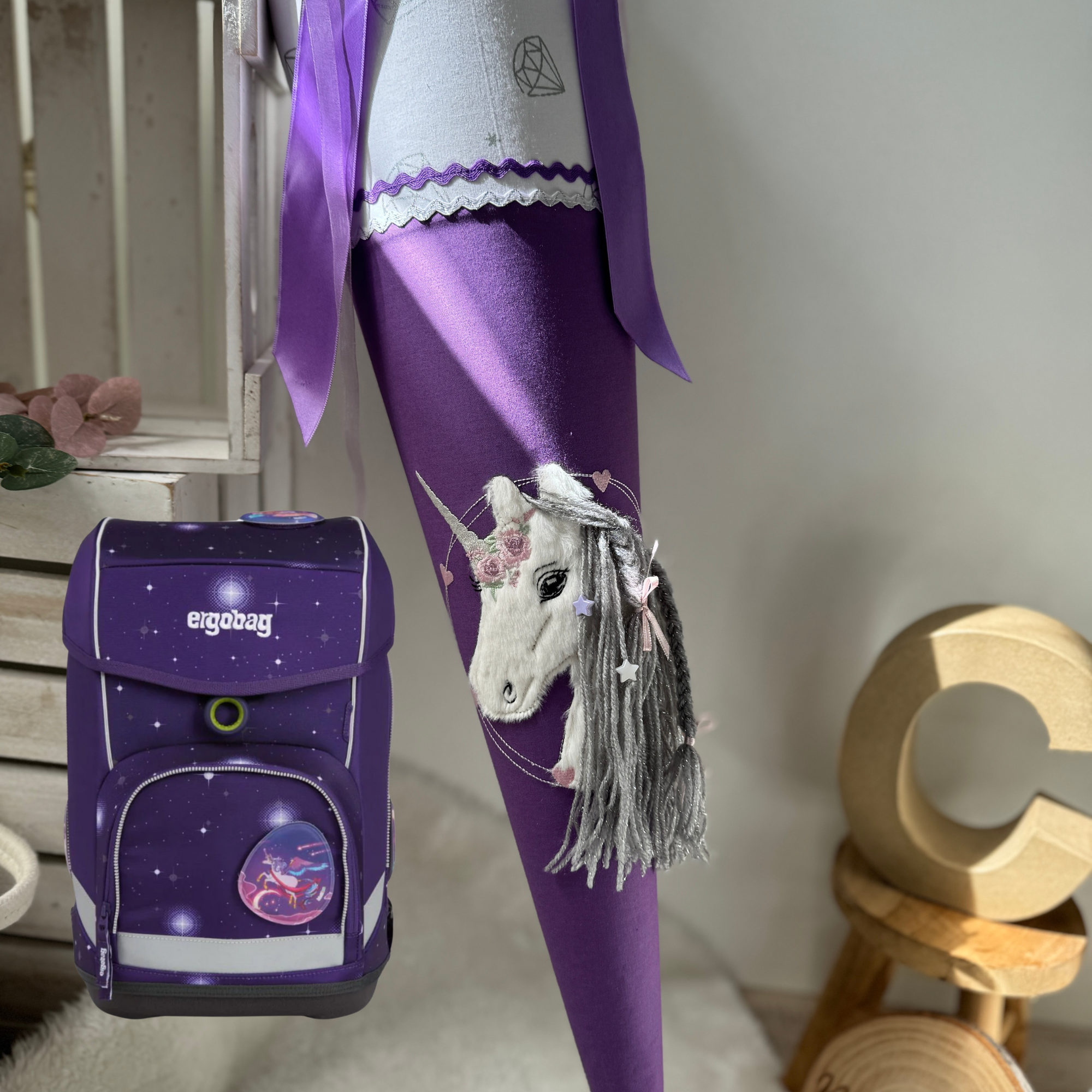 Schultüte Einhorn silber - lila Diamanten