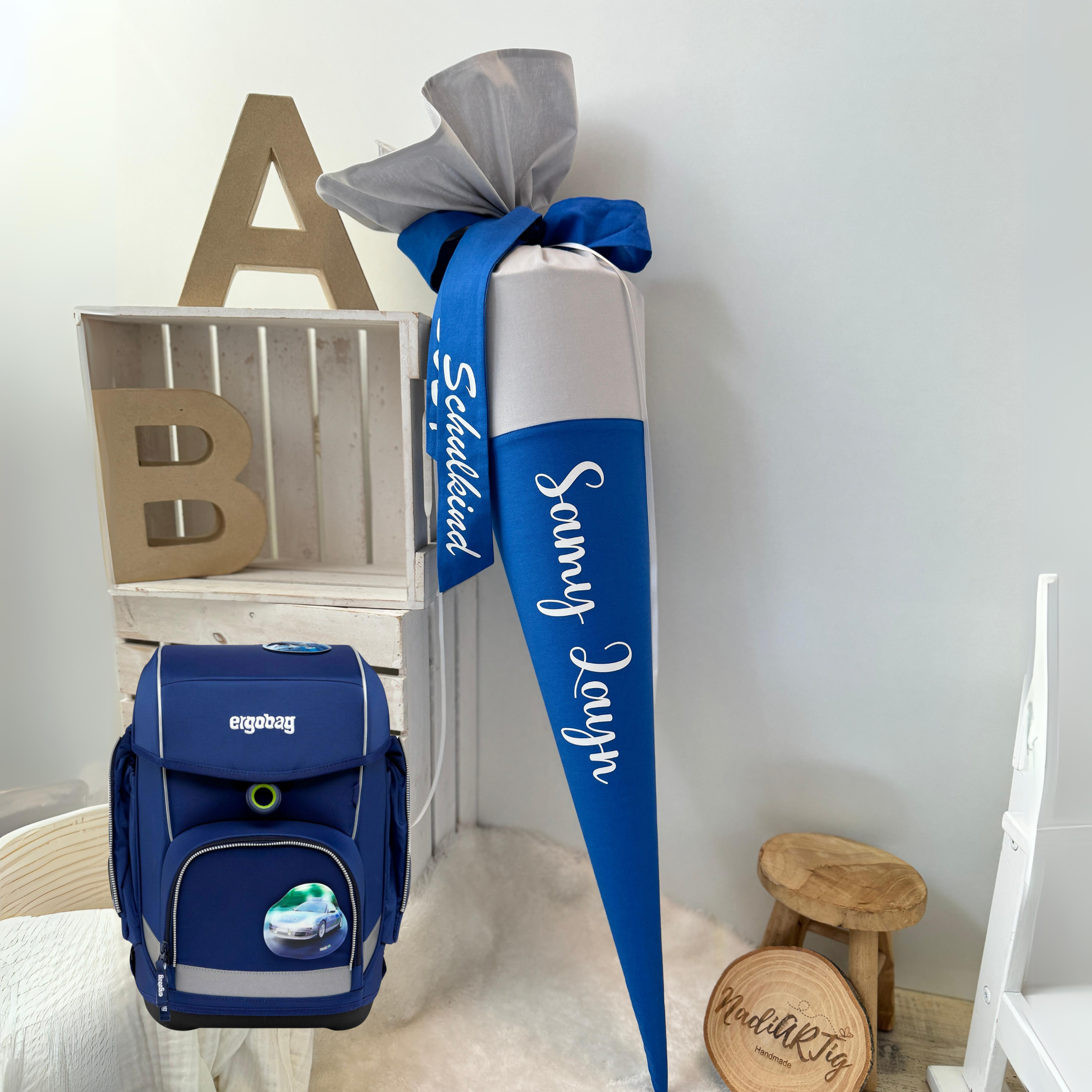 Schultüte mit Namen in hellgrau/royal blau