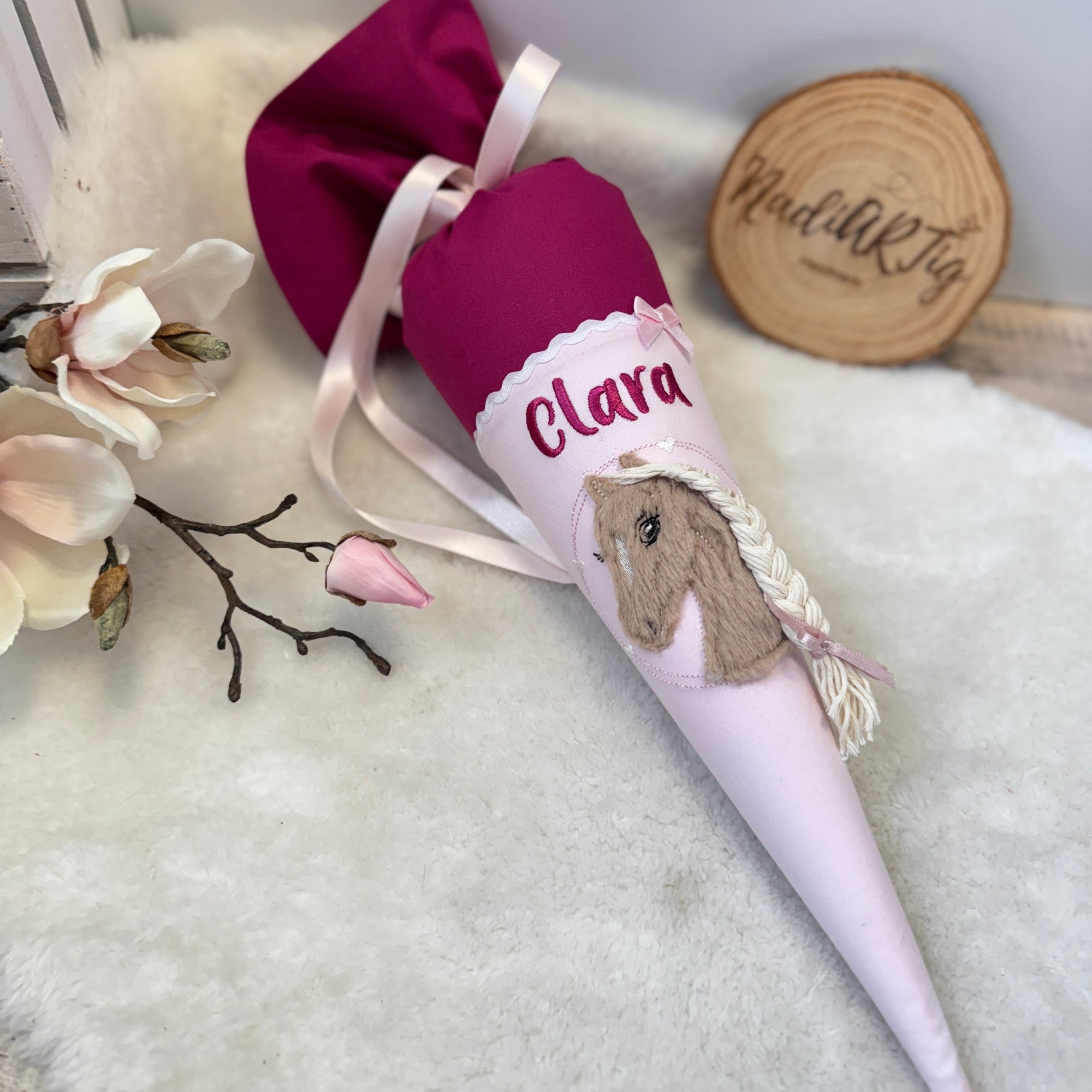 kleine Schultüte Plüsch-Pferd in beere/rosa