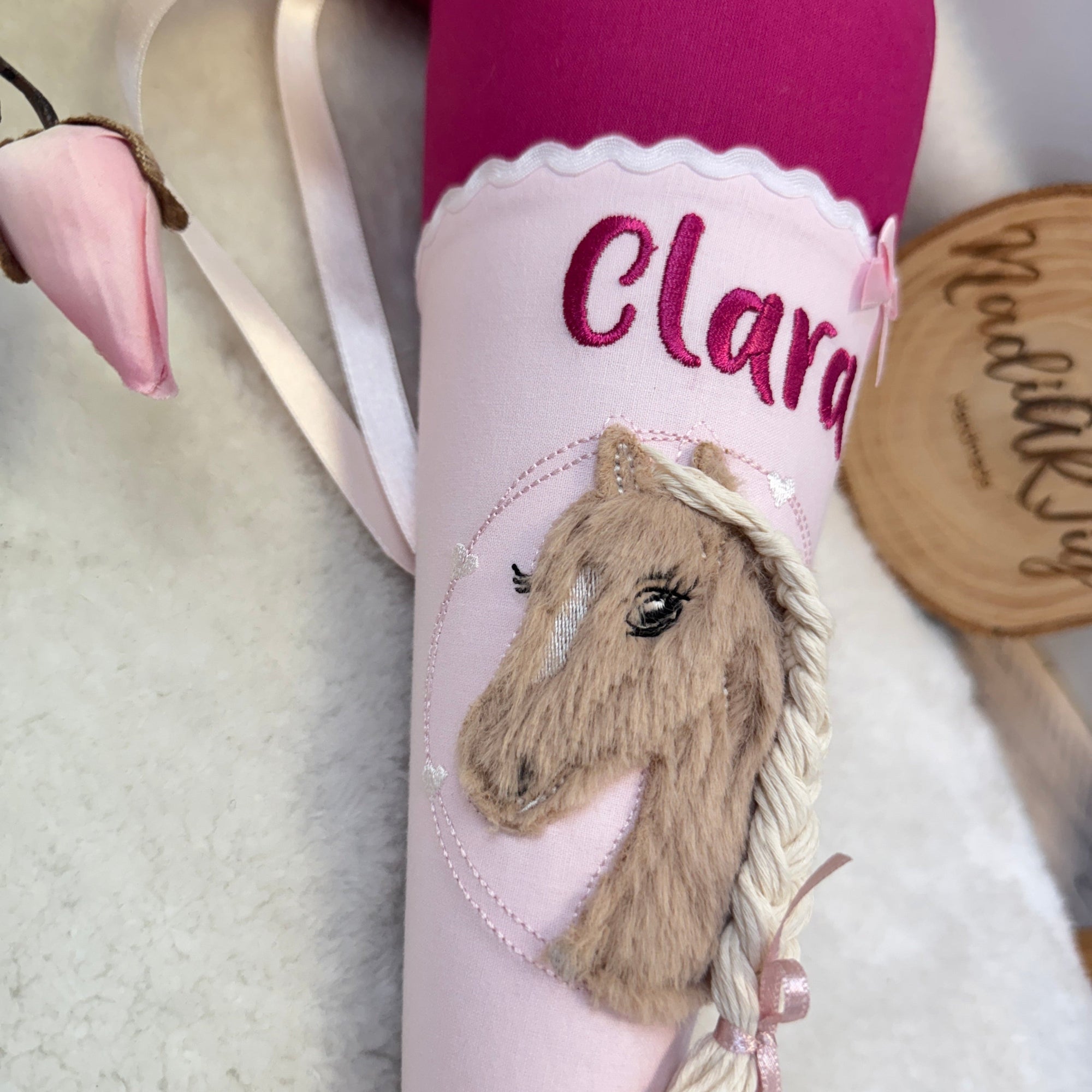 kleine Schultüte Plüsch-Pferd in beere/rosa