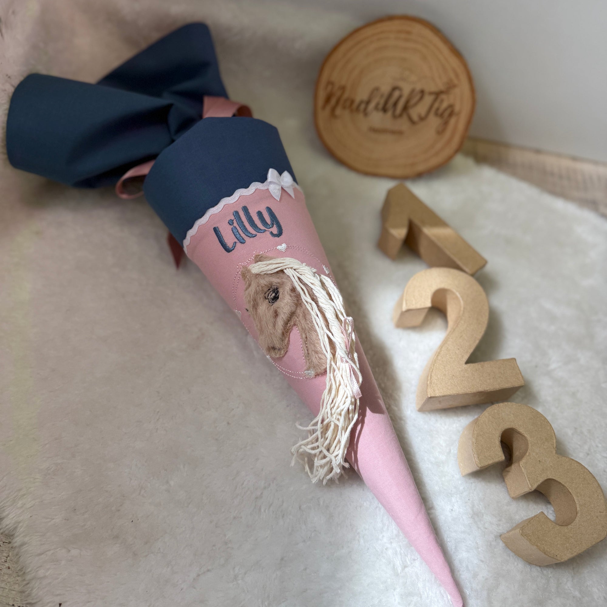 kleine Schultüte mit Pferd dusty-blue/puder (Plüsch)
