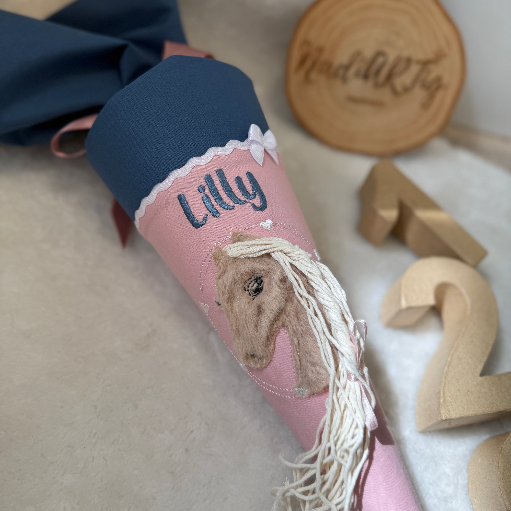 kleine Schultüte mit Pferd dusty-blue/puder (Plüsch)