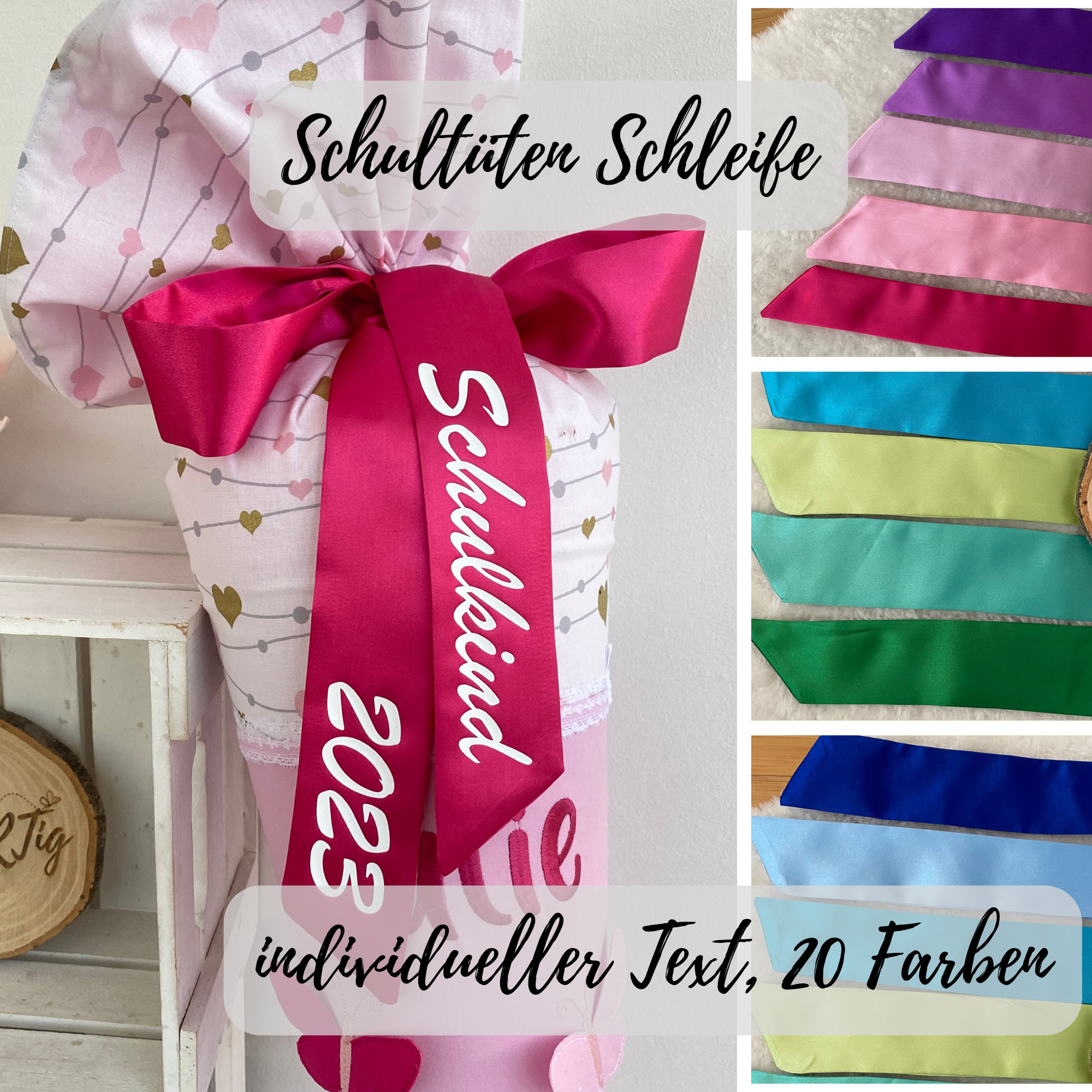 Satin-Stoffschleife für die Schultüte | Schultütenschleife mit Namen