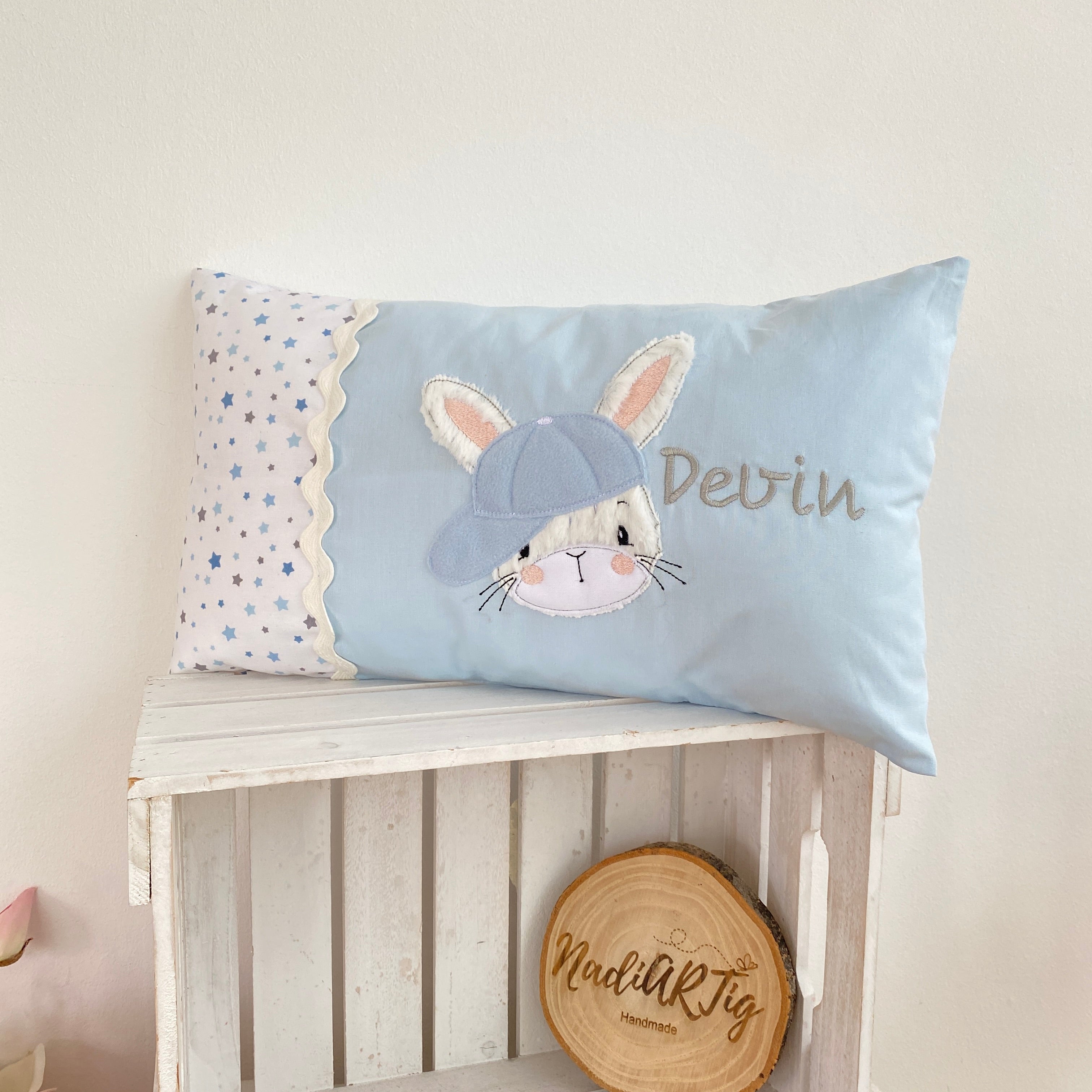 Geburtskissen Namenskissen Junge Hase nadiARtig Handmade Kissen mit Name