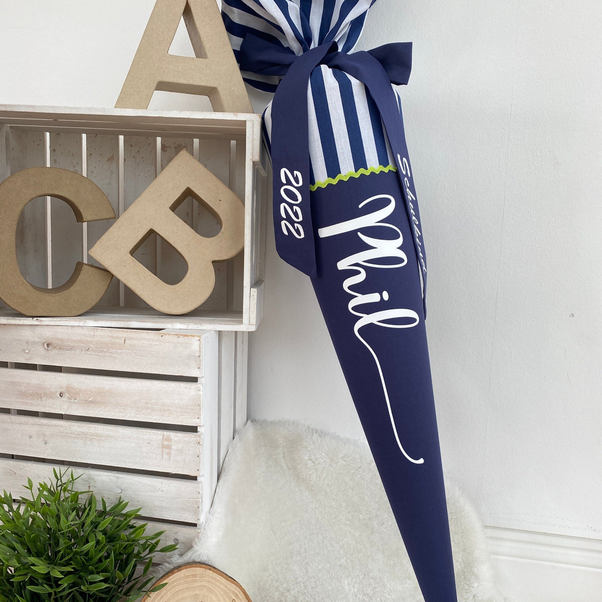 Stoffschultute dunkelblau gestreift mit namen