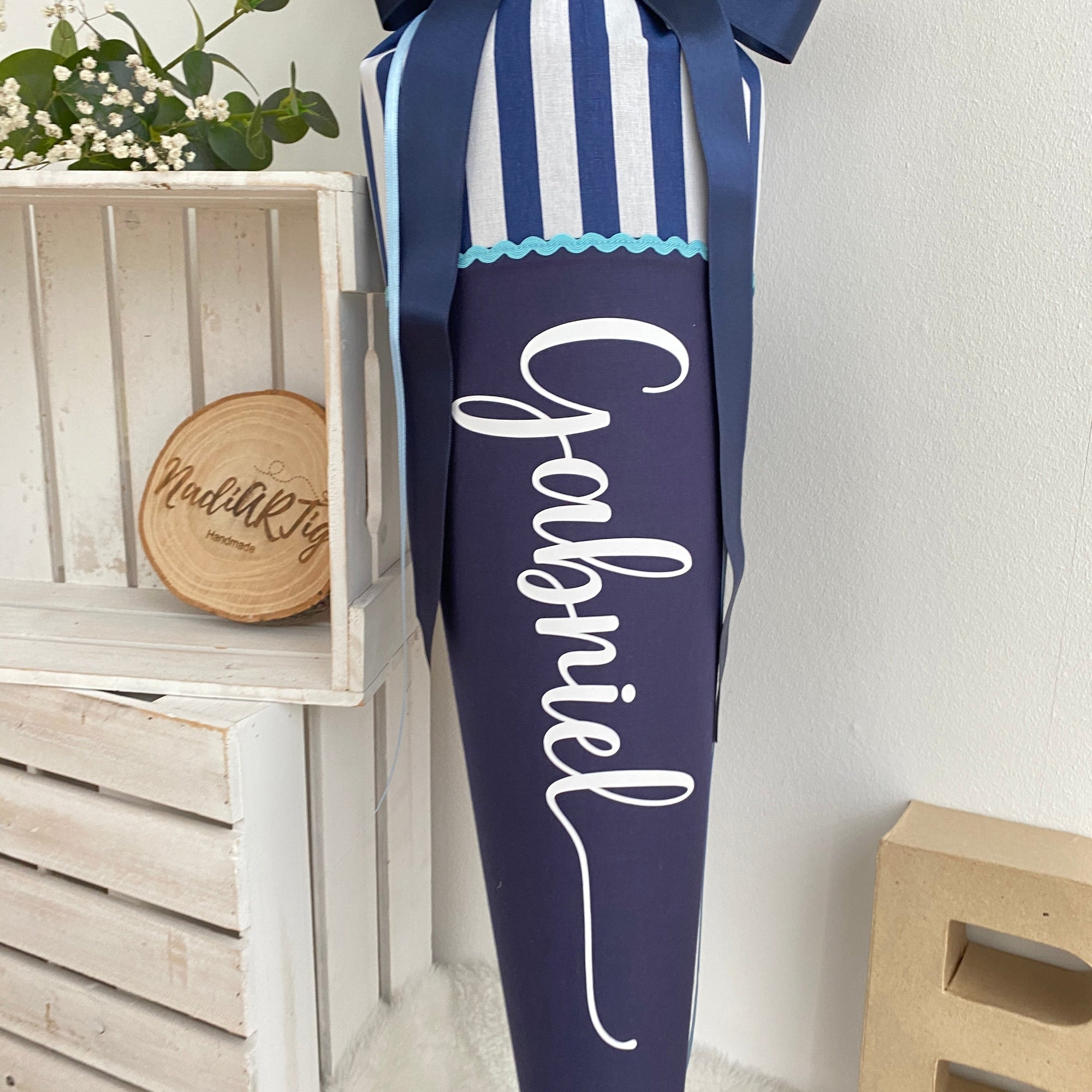 Stoffschultute dunkelblau gestreift mit namen