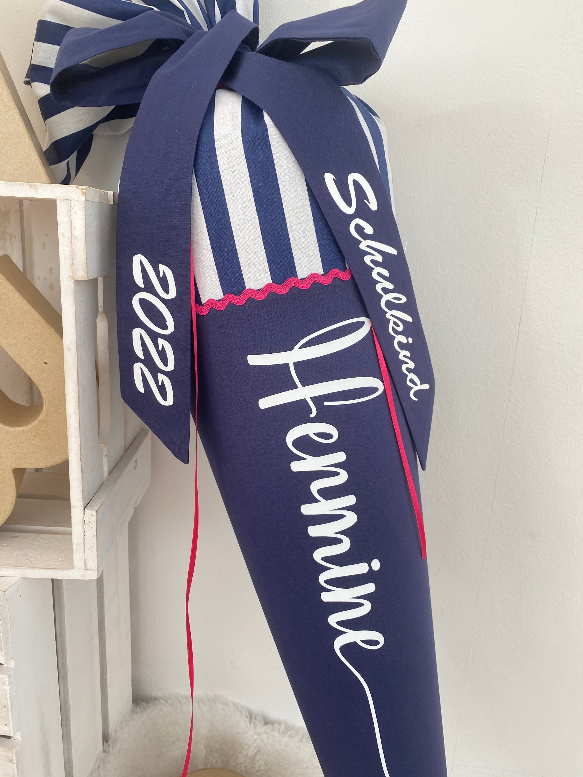 Stoffschultute dunkelblau gestreift mit namen