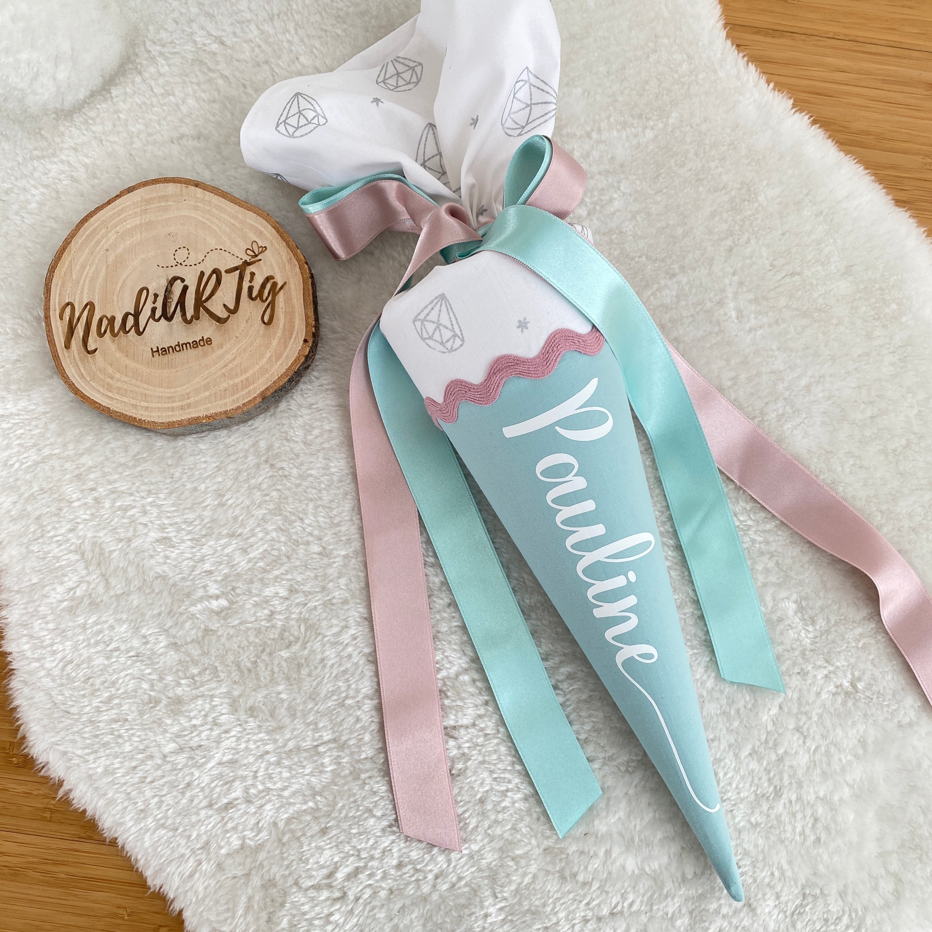 Geschwister-Schultüte in mint/rosé/glitzer Diamanten