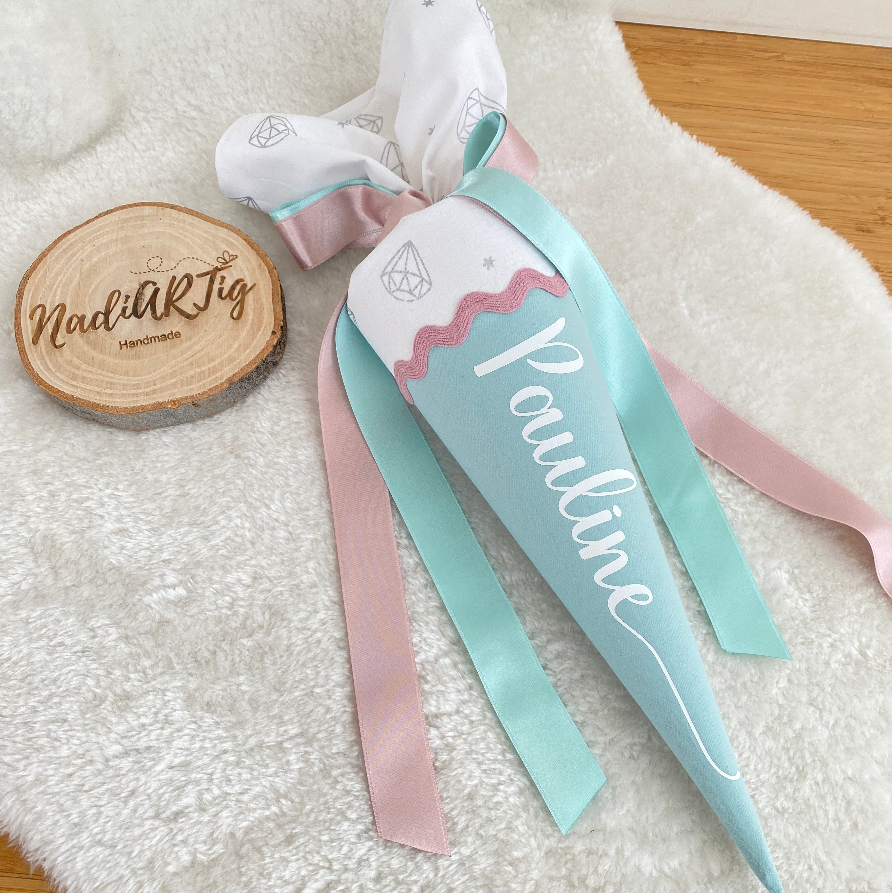 Geschwister-Schultüte in mint/rosé/glitzer Diamanten