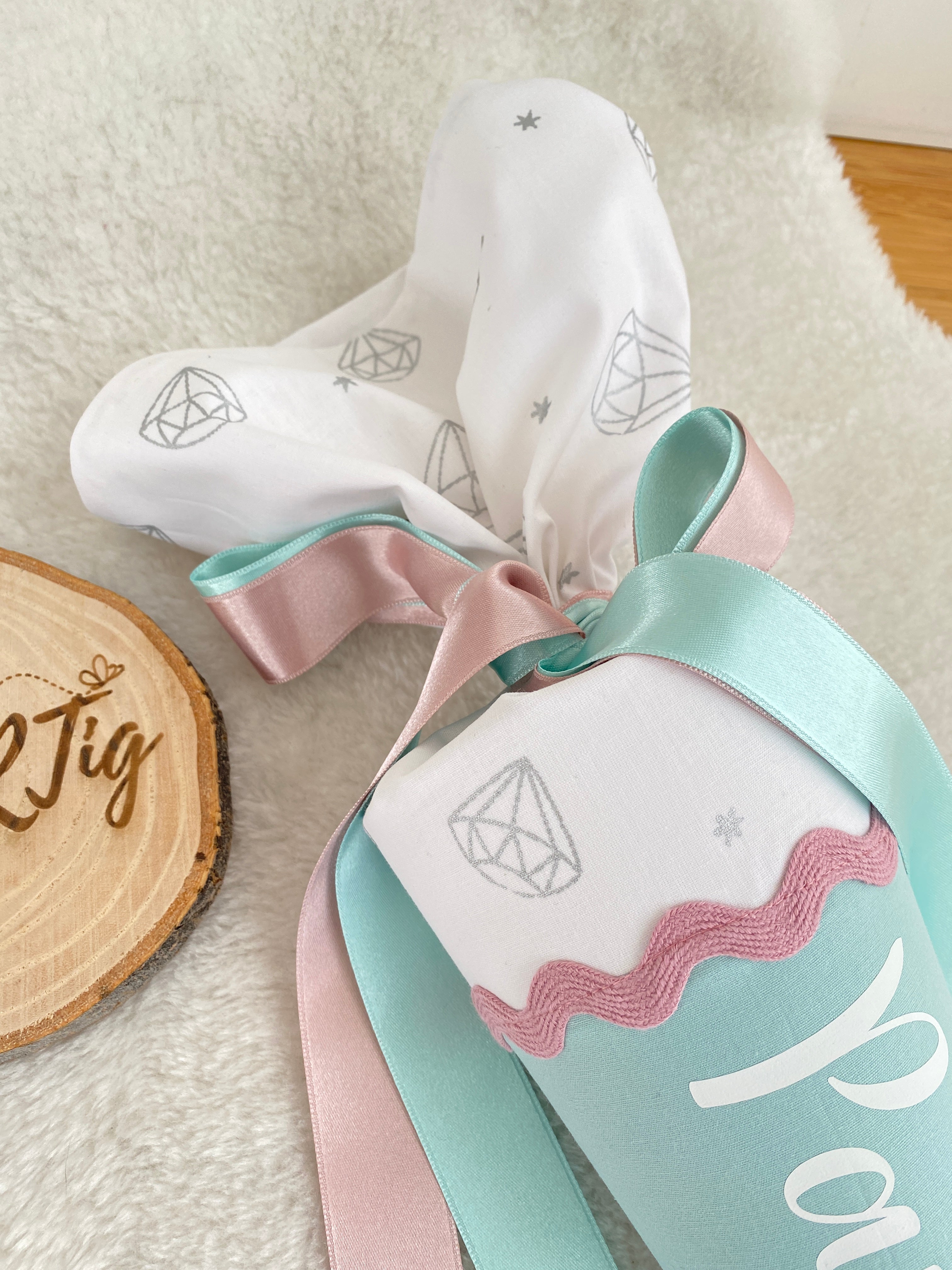 Geschwister-Schultüte in mint/rosé/glitzer Diamanten