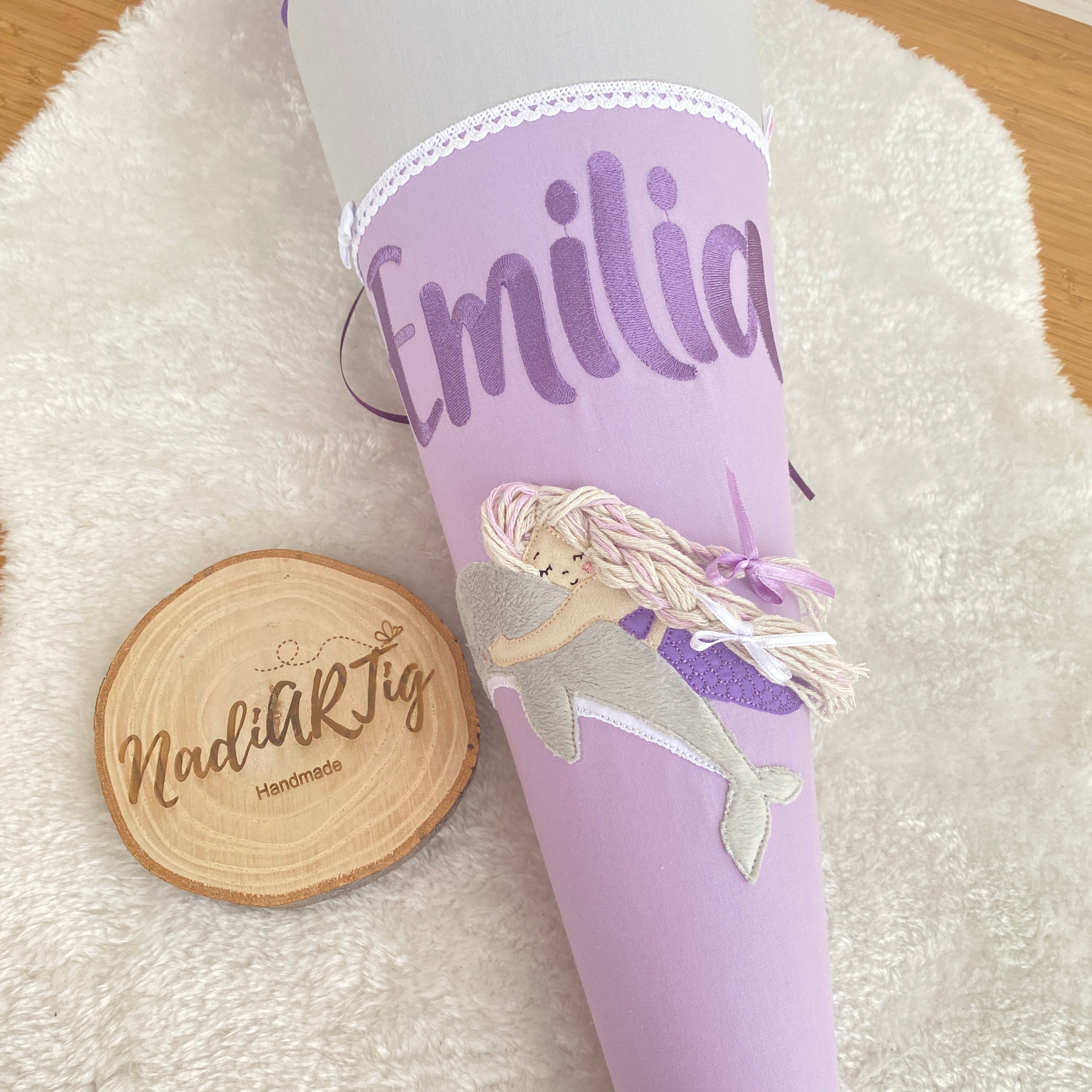 Schultüte mit Meerjungfrau & Delphin in hellgrau/flieder/lila