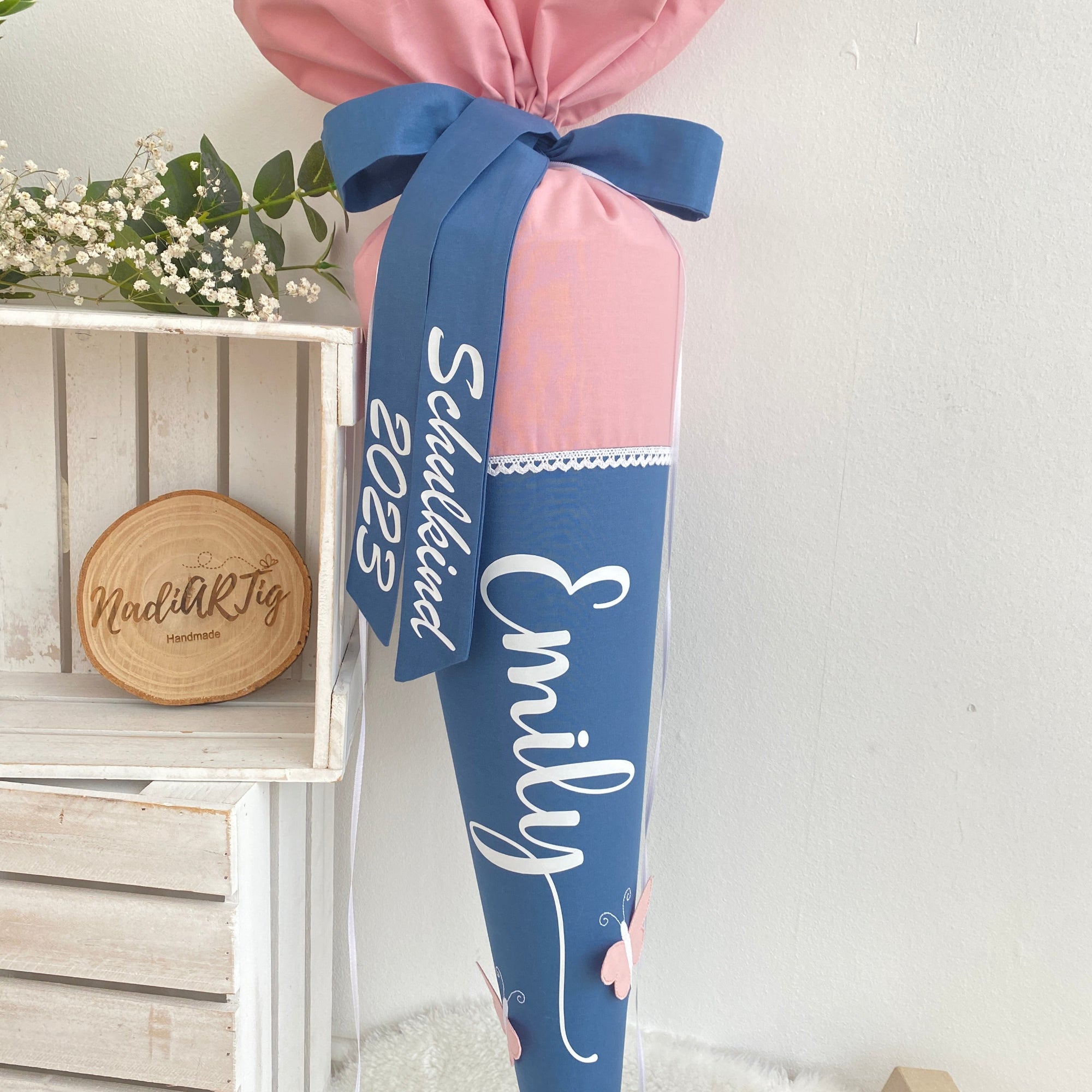 Schultüte Klassik in puderrosa/dustyblue (Schmetterlinge)