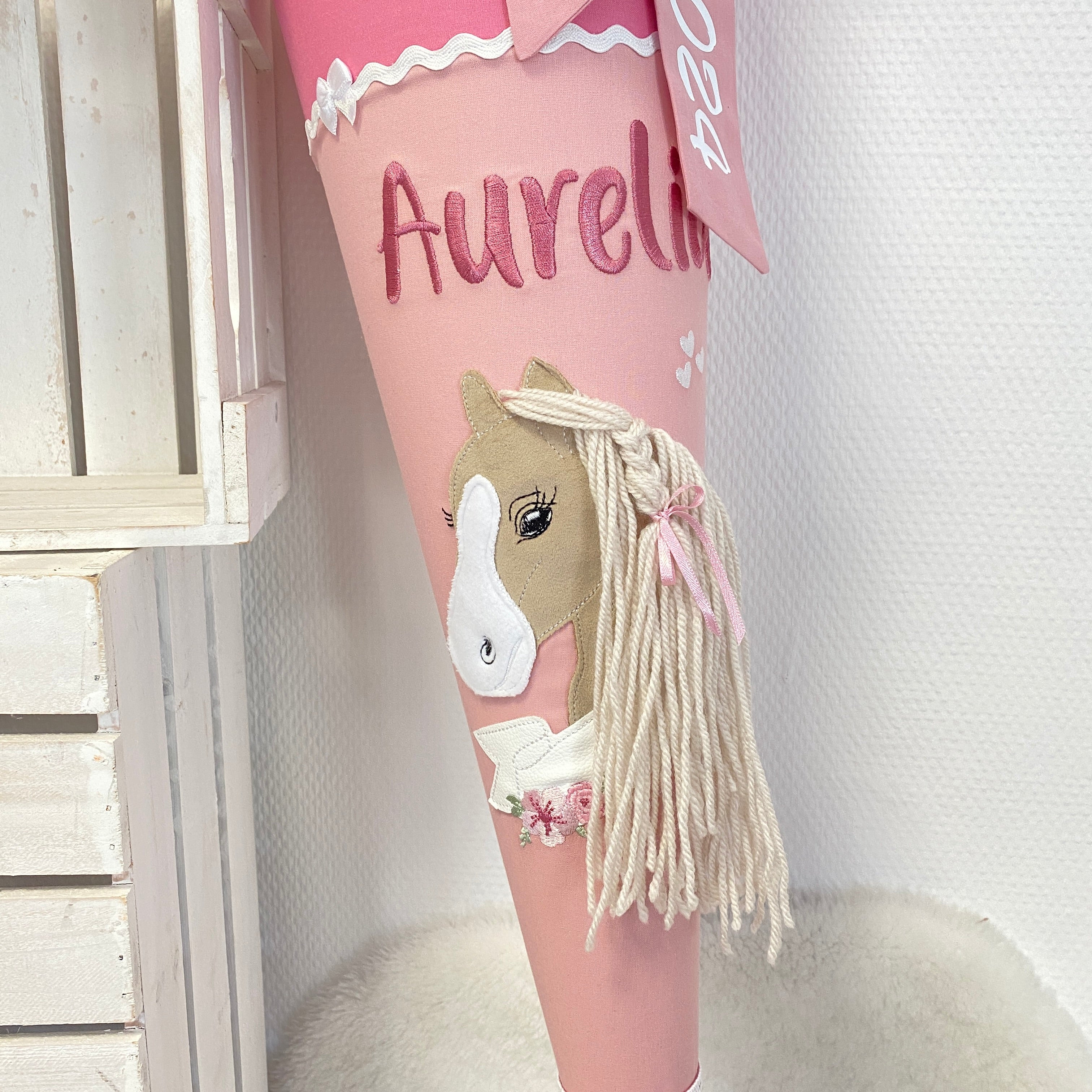 Schultüte Pferd mit Banner in altrosa/puder