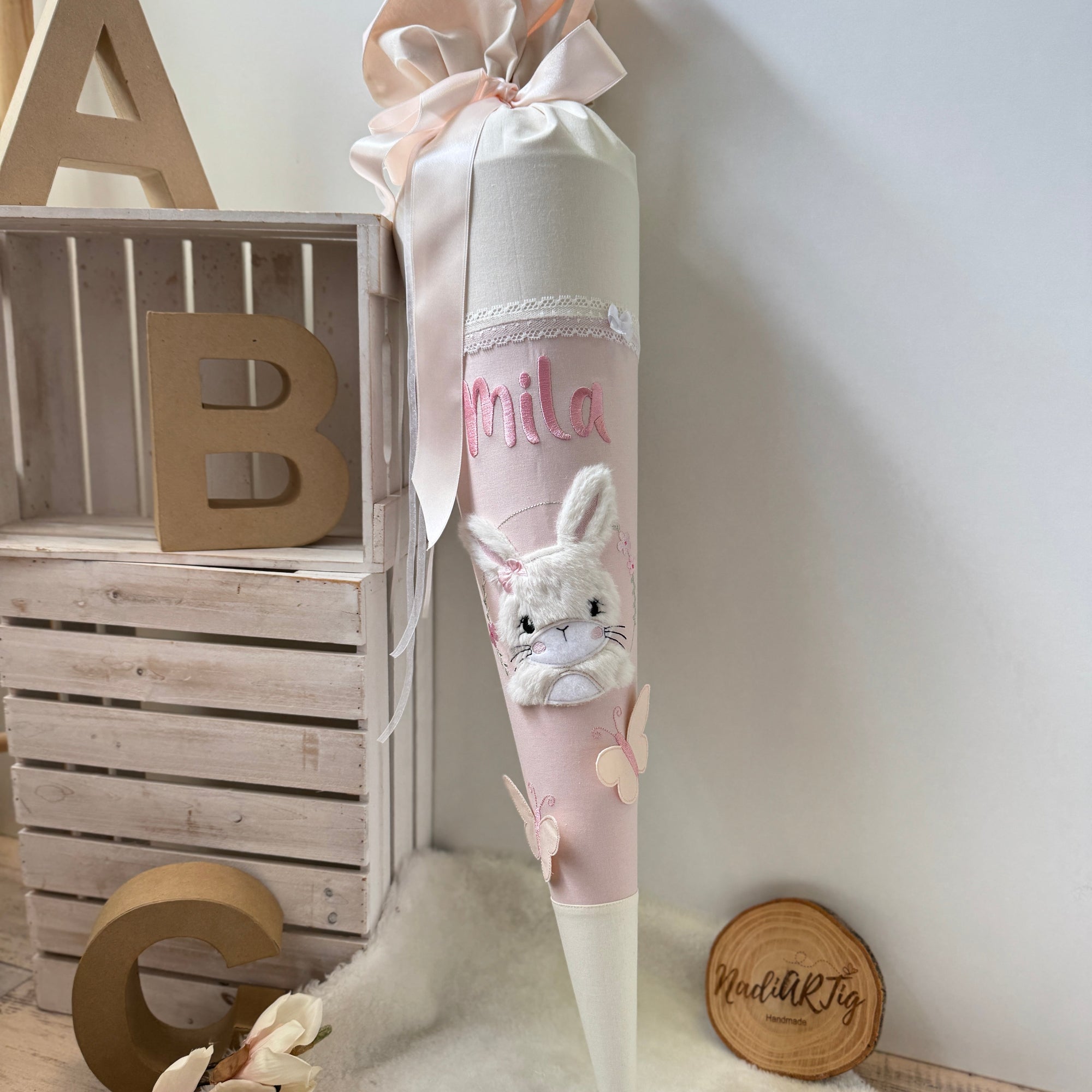 Schultüte Hase in cremebeige/puderrosé
