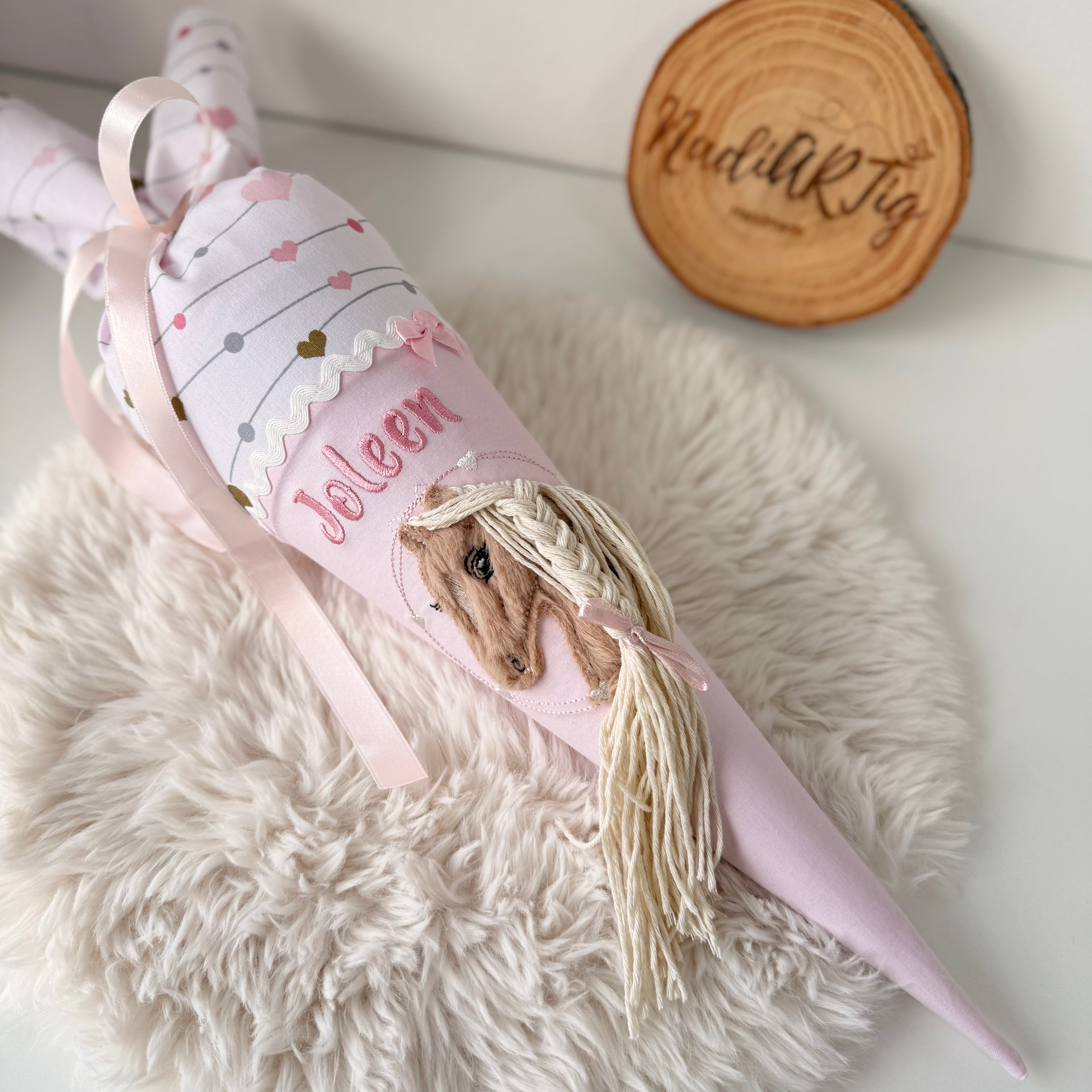 Kindergarten-Schultüte Pferd rosé Herzen (Plüsch)