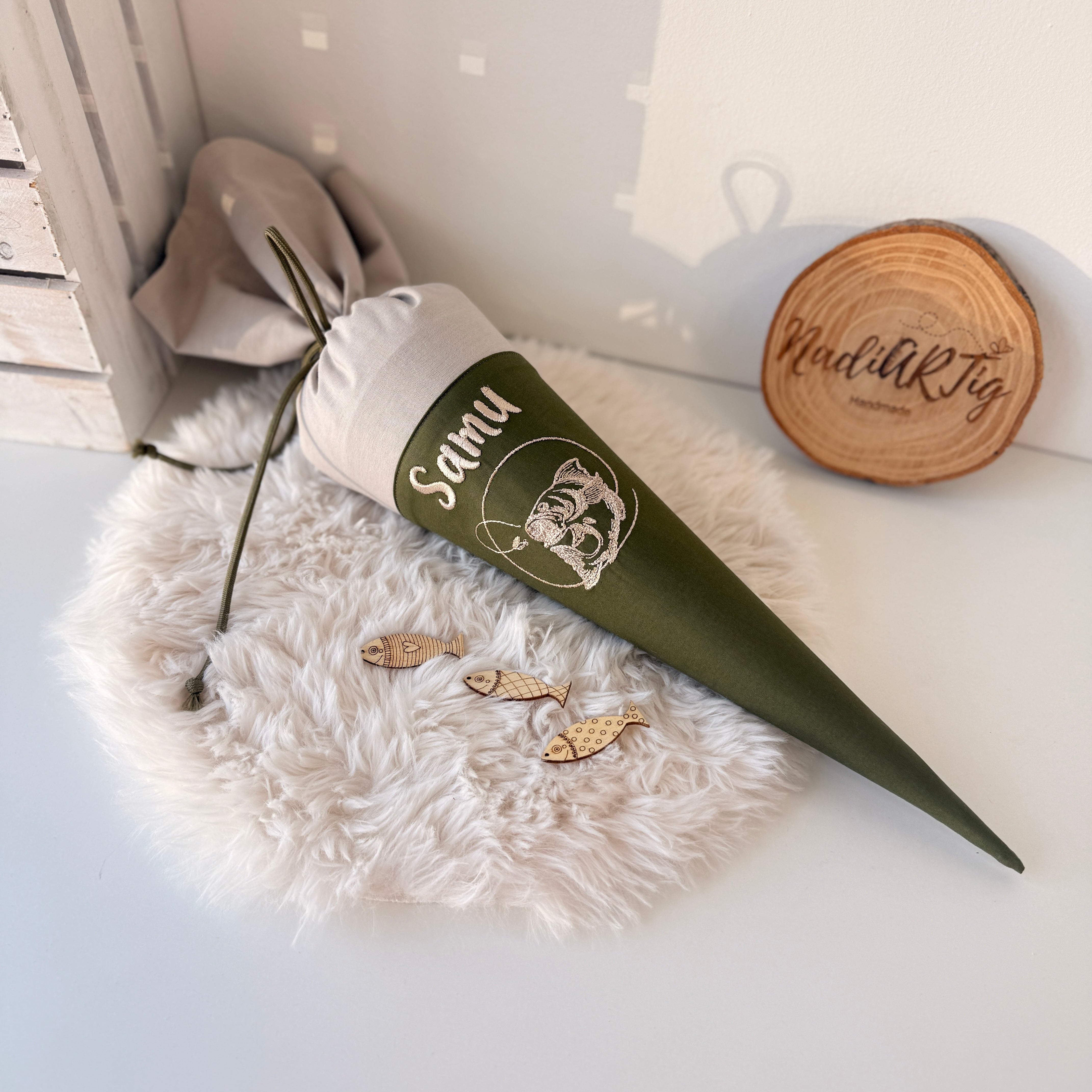 Kleine Angler Schultüte in sand/olivegrün