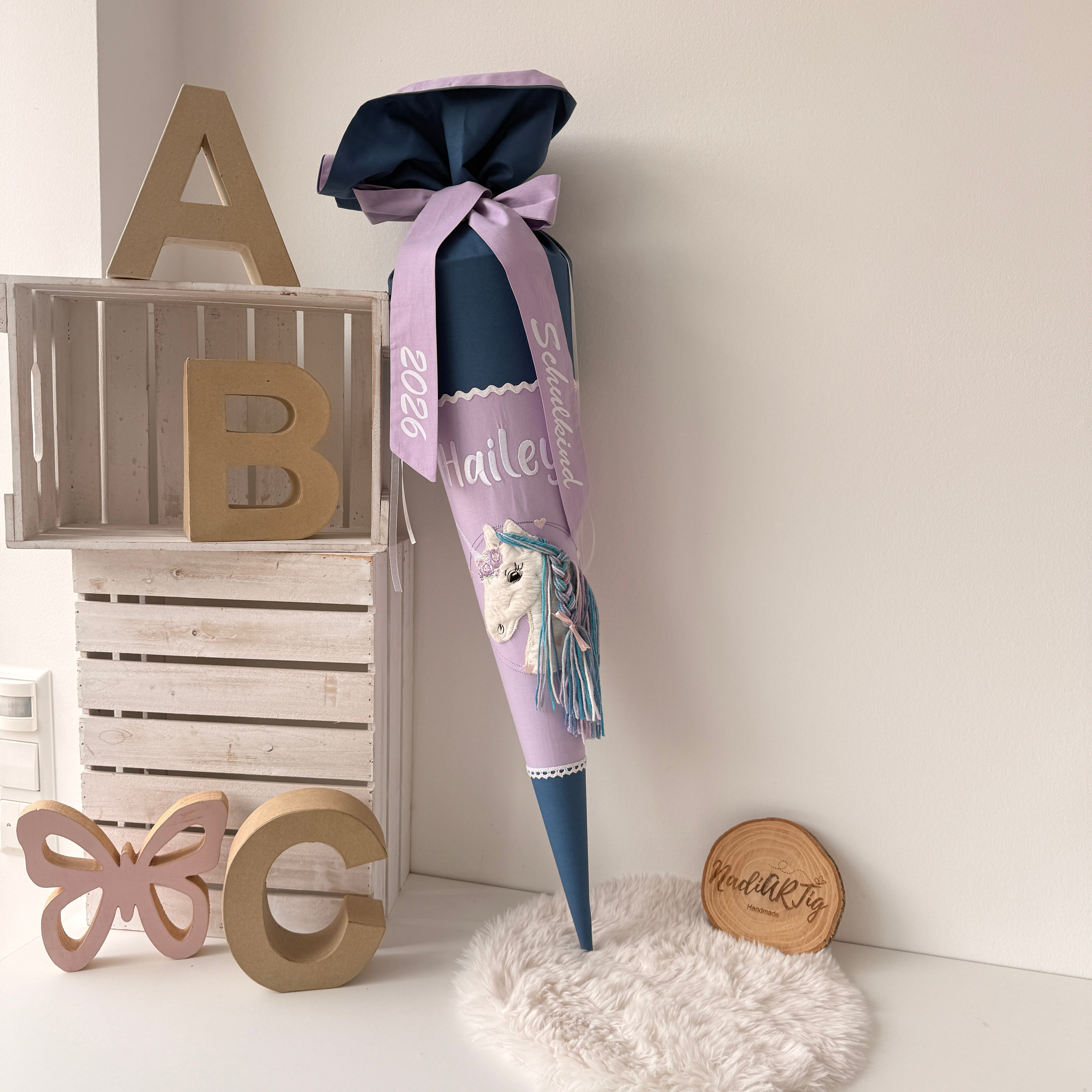 Schultüte Einhorn in dusty blue/flieder