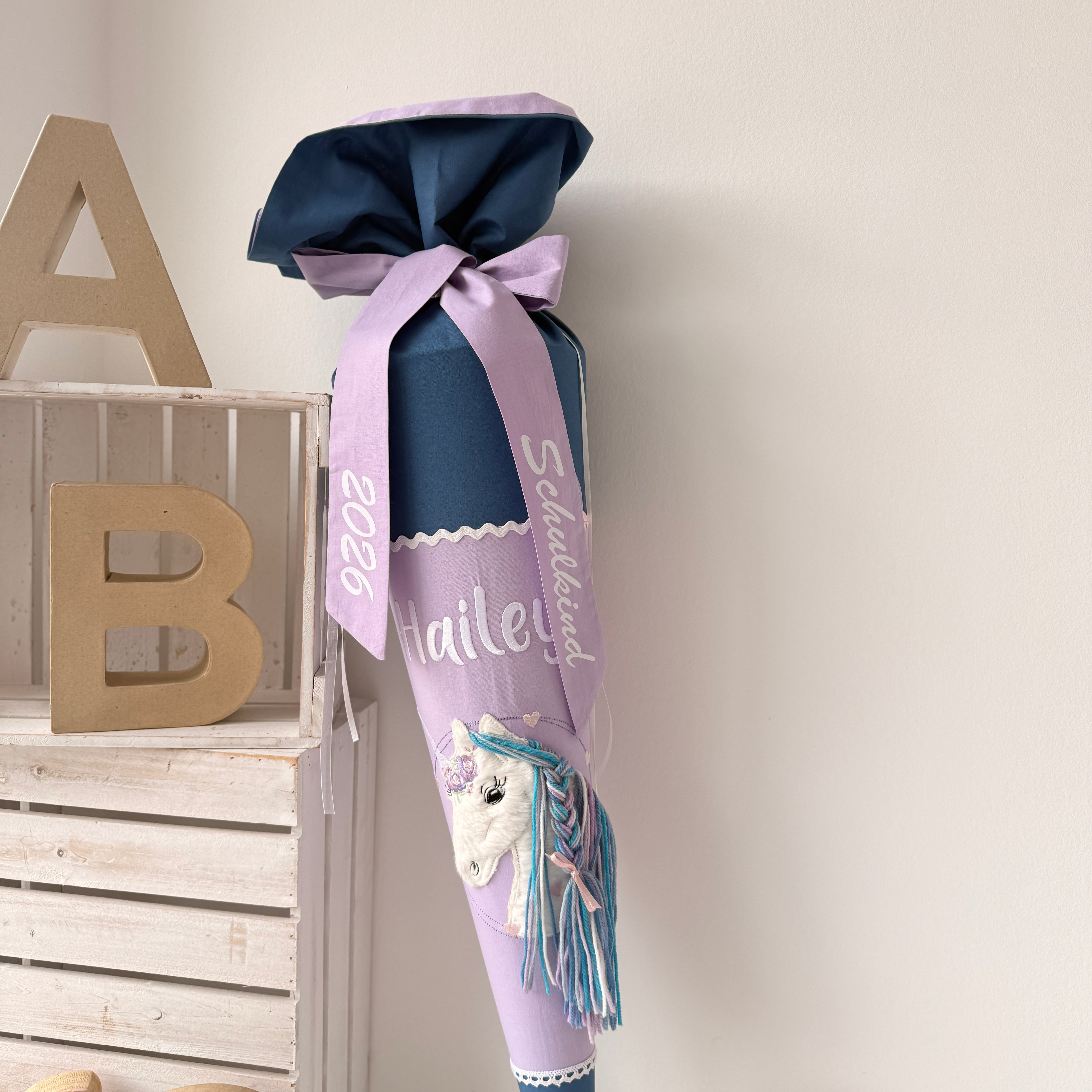 Schultüte Einhorn in dusty blue/flieder