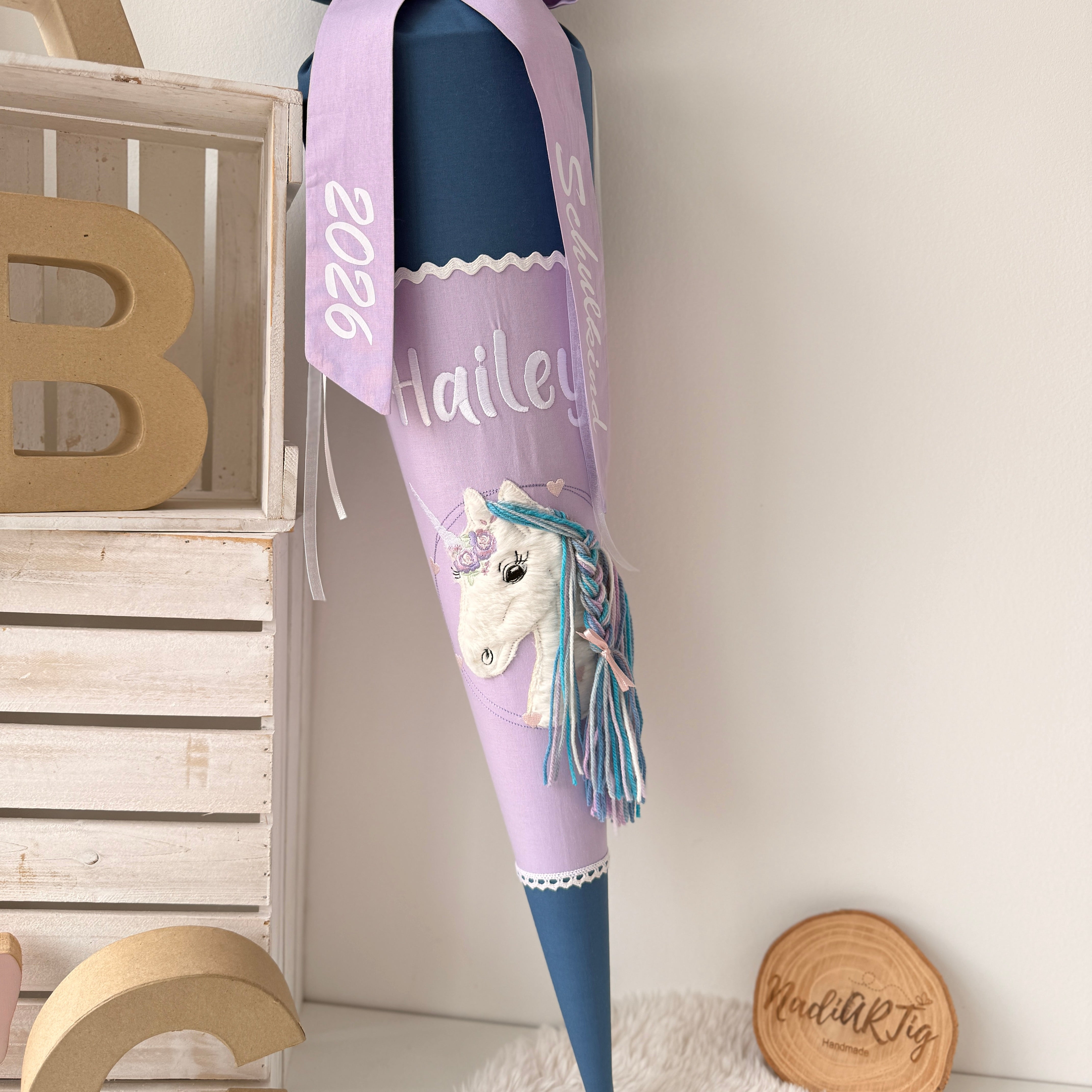 Schultüte Einhorn in dusty blue/flieder