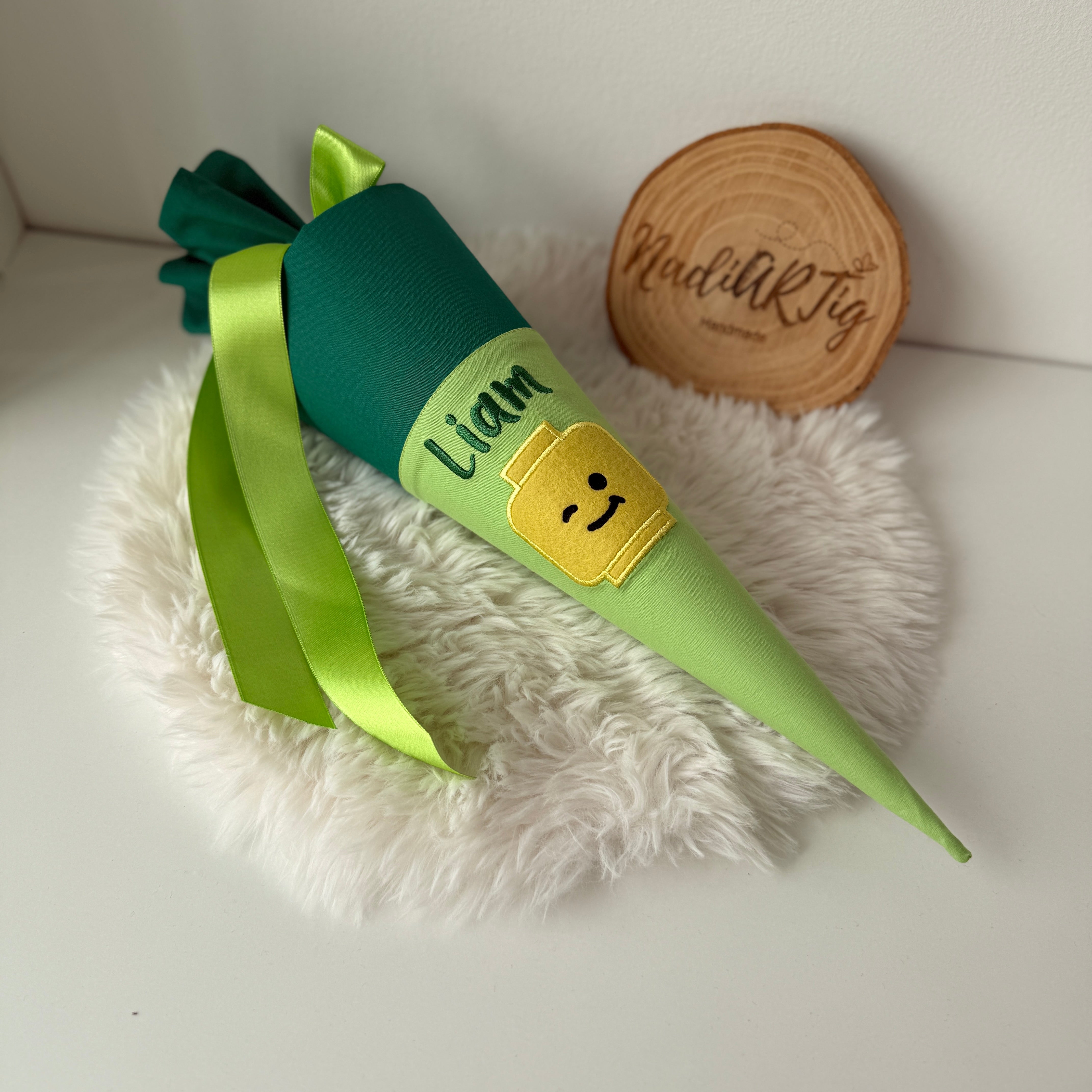 Geschwister-Schultüte Bausteine Figur in grün/gelb
