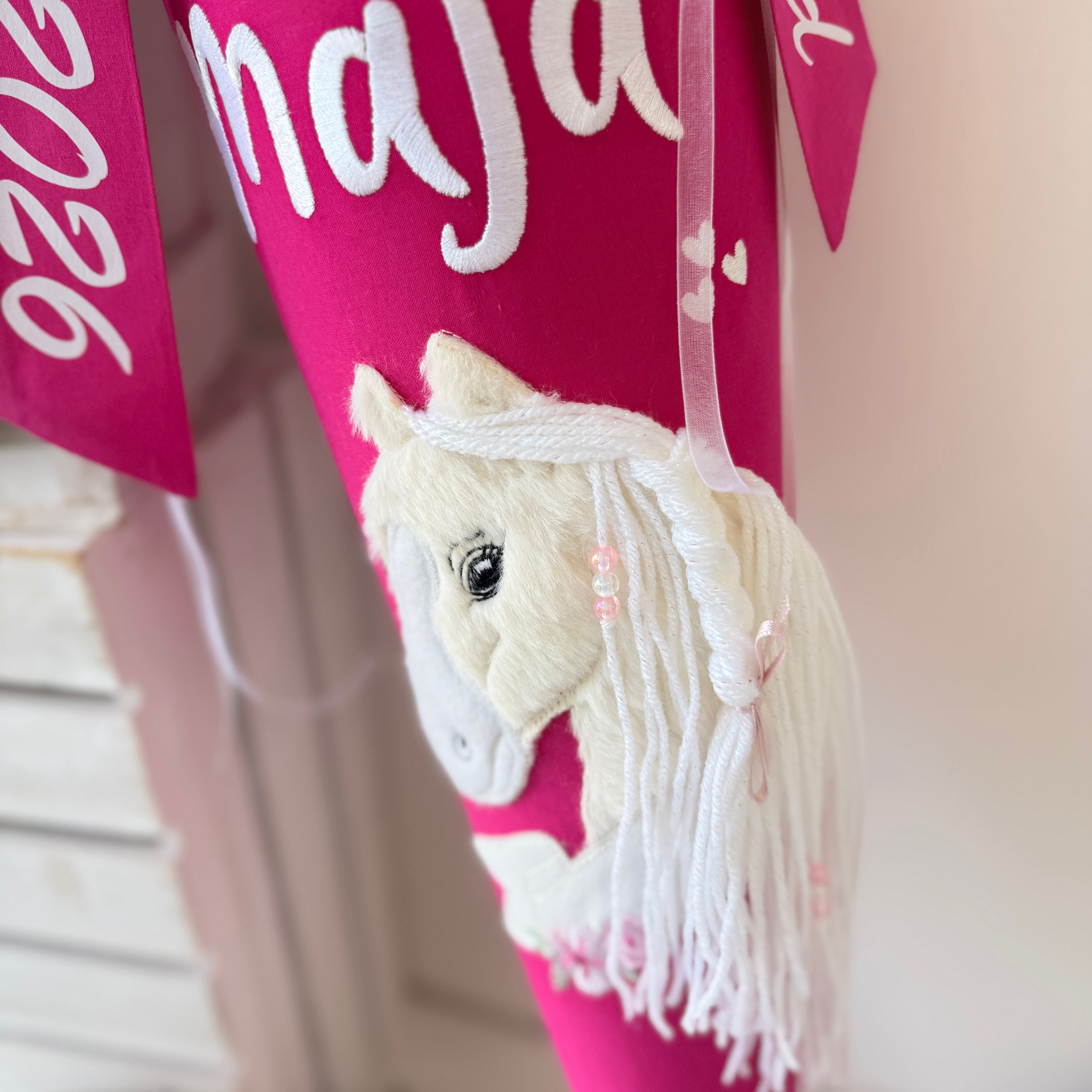 Schultüte Pferd mit Banner/glitzer Mähne in Rosa/Pink