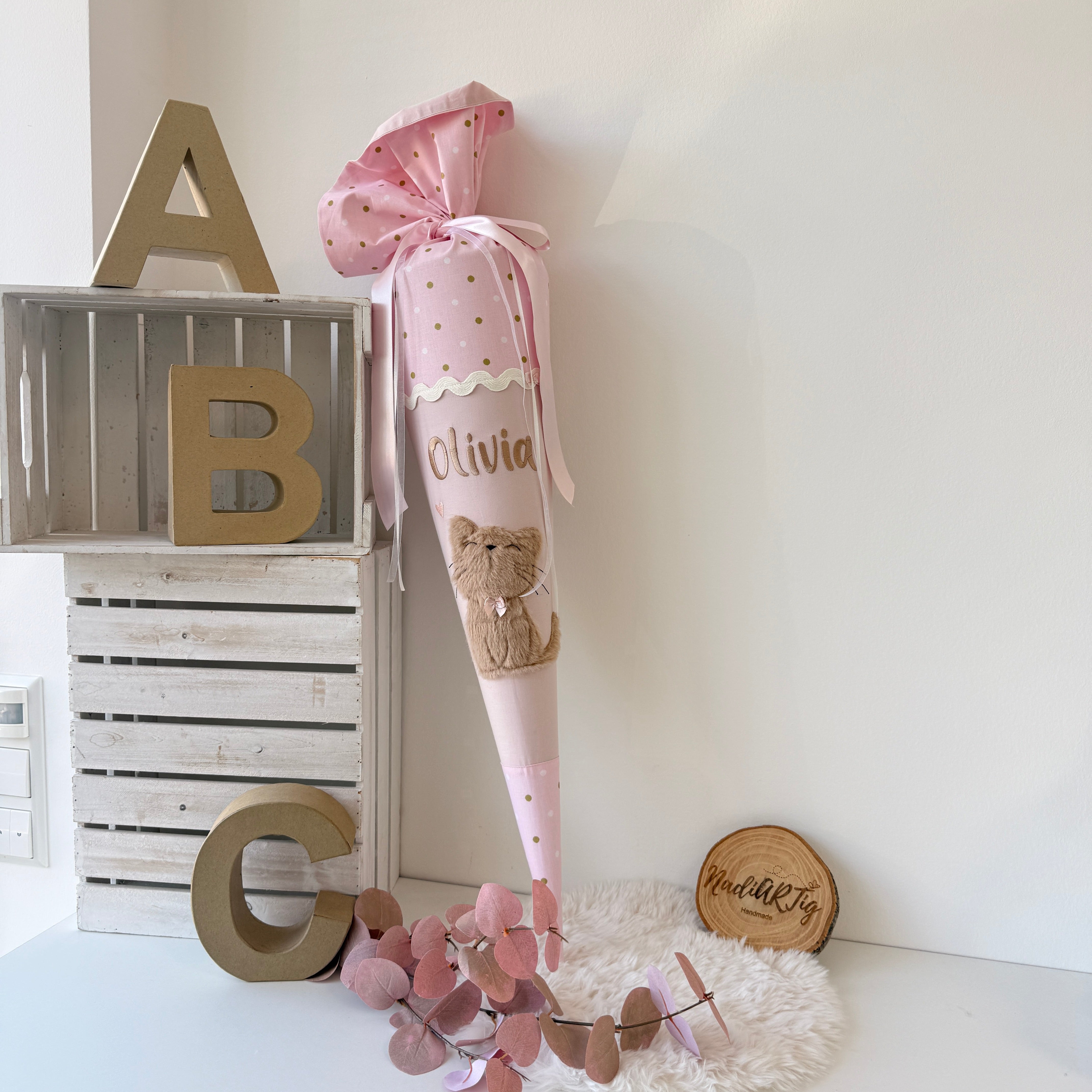 Schultüte braune Katze Dots in Rosé&Gold