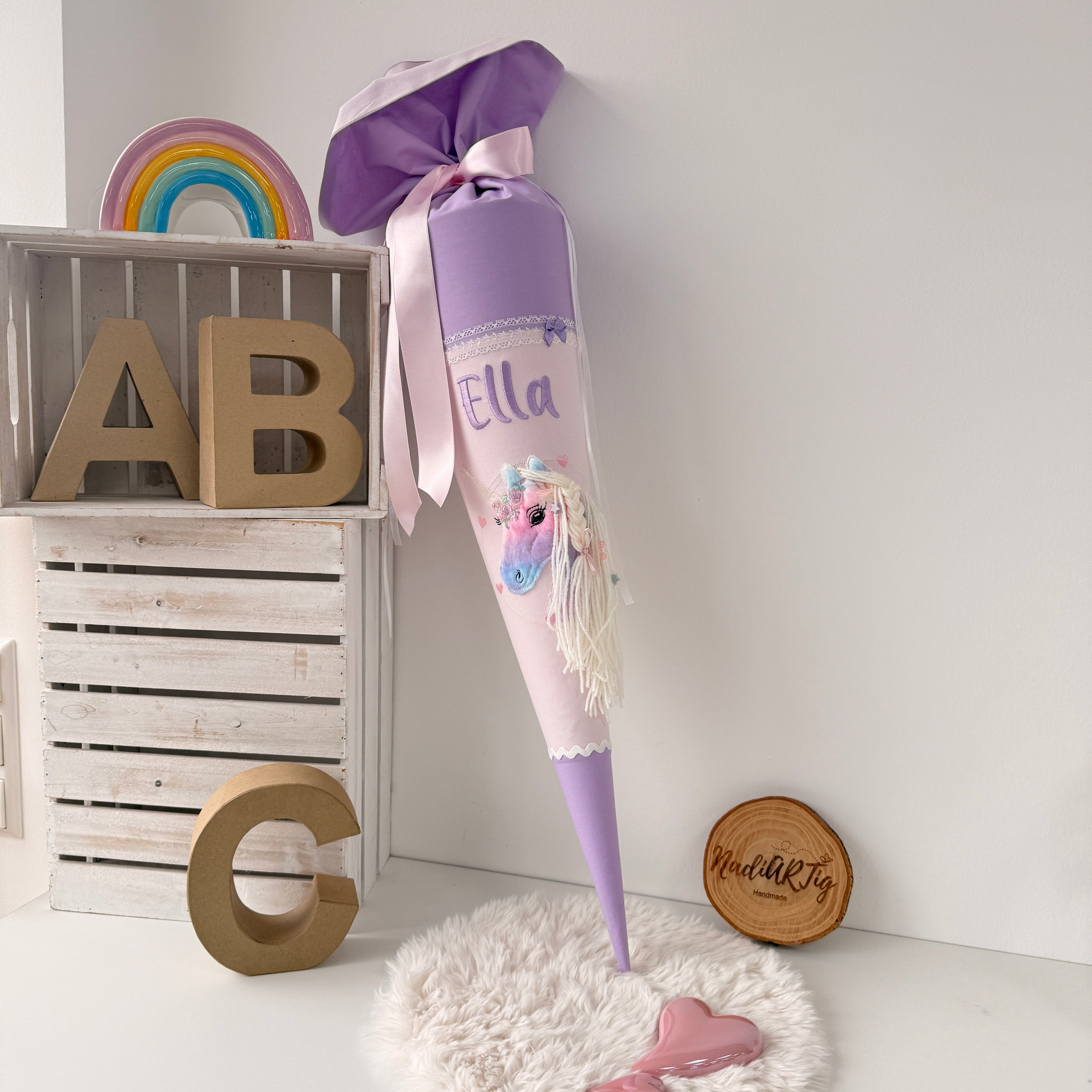 Schultüte buntes Einhorn mit glitzer Mähne in flieder/rosé