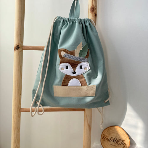 Kindergarten Beutel Tasche mintgrün bestickt mit Name Boho Fuchs