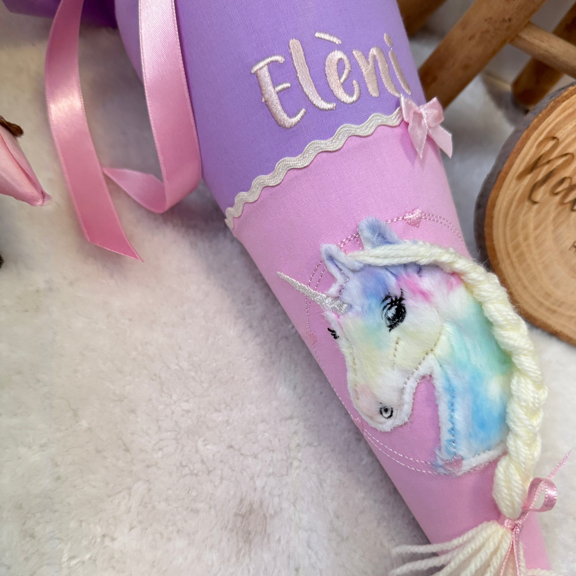 Geschwister-Schultüte buntes Einhorn in flieder/rosa