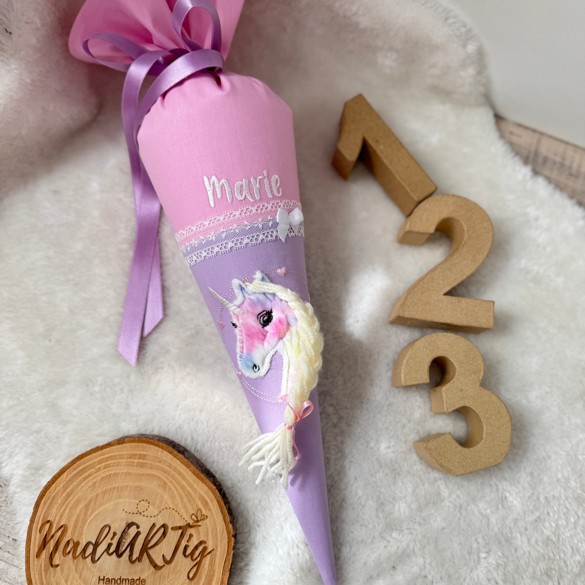 Geschwister-Schultüte buntes Einhorn in rosa/flieder