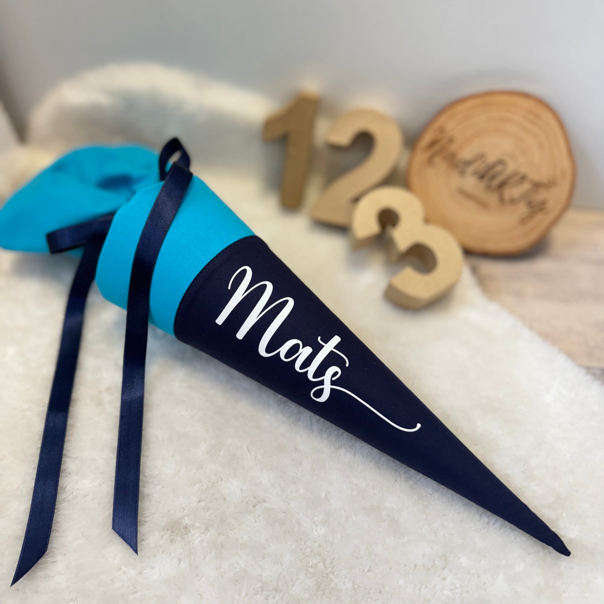 Geschwister-Schultüte mit Namen in türkis/dunkelblau