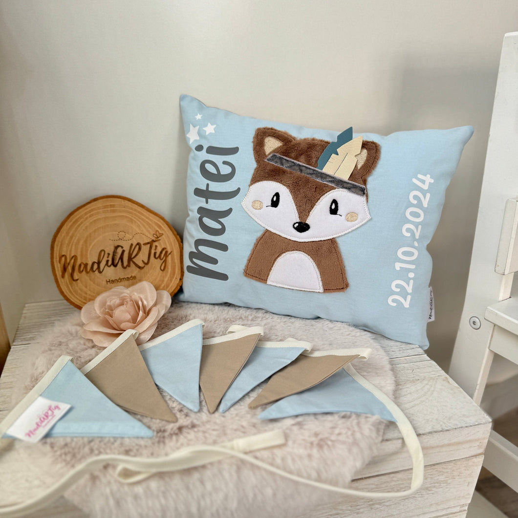 Kissen Boho Fuchs für Jungen in baby blue