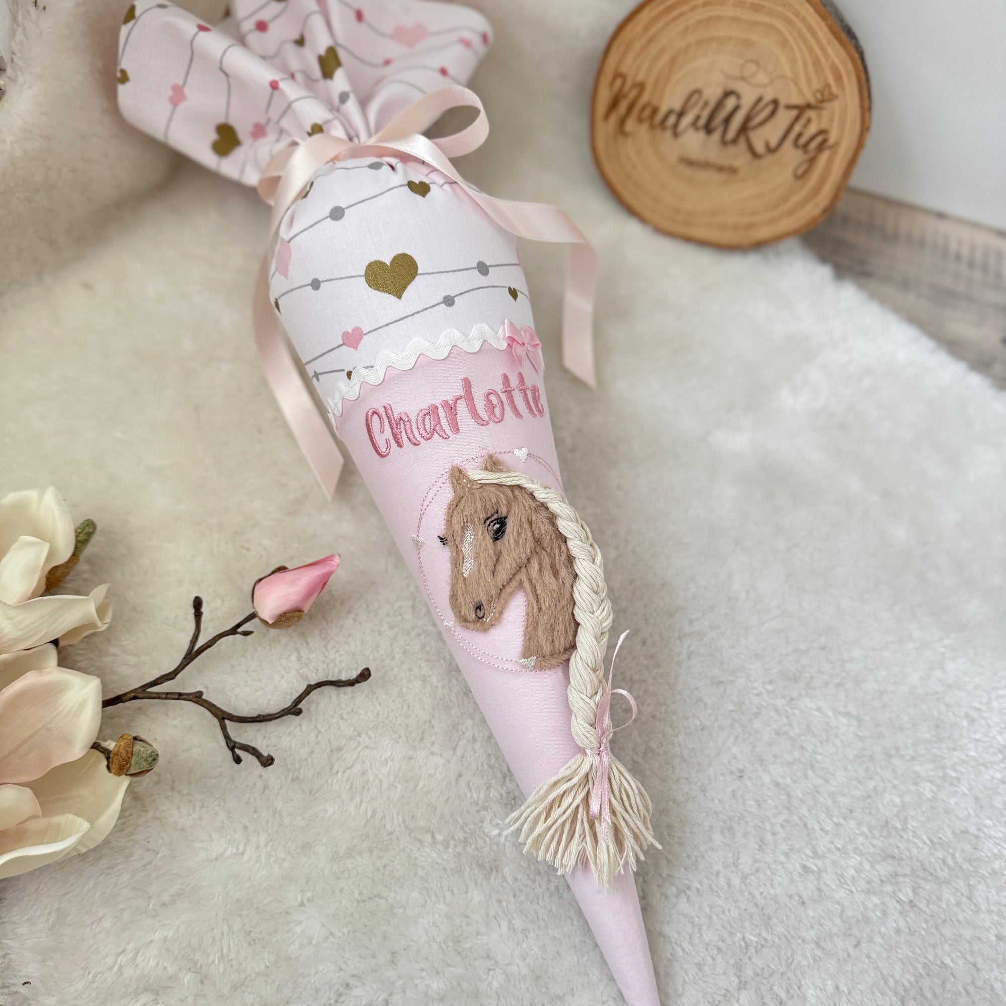 Kindergarten-Schultuete Pferd rosa Herzen