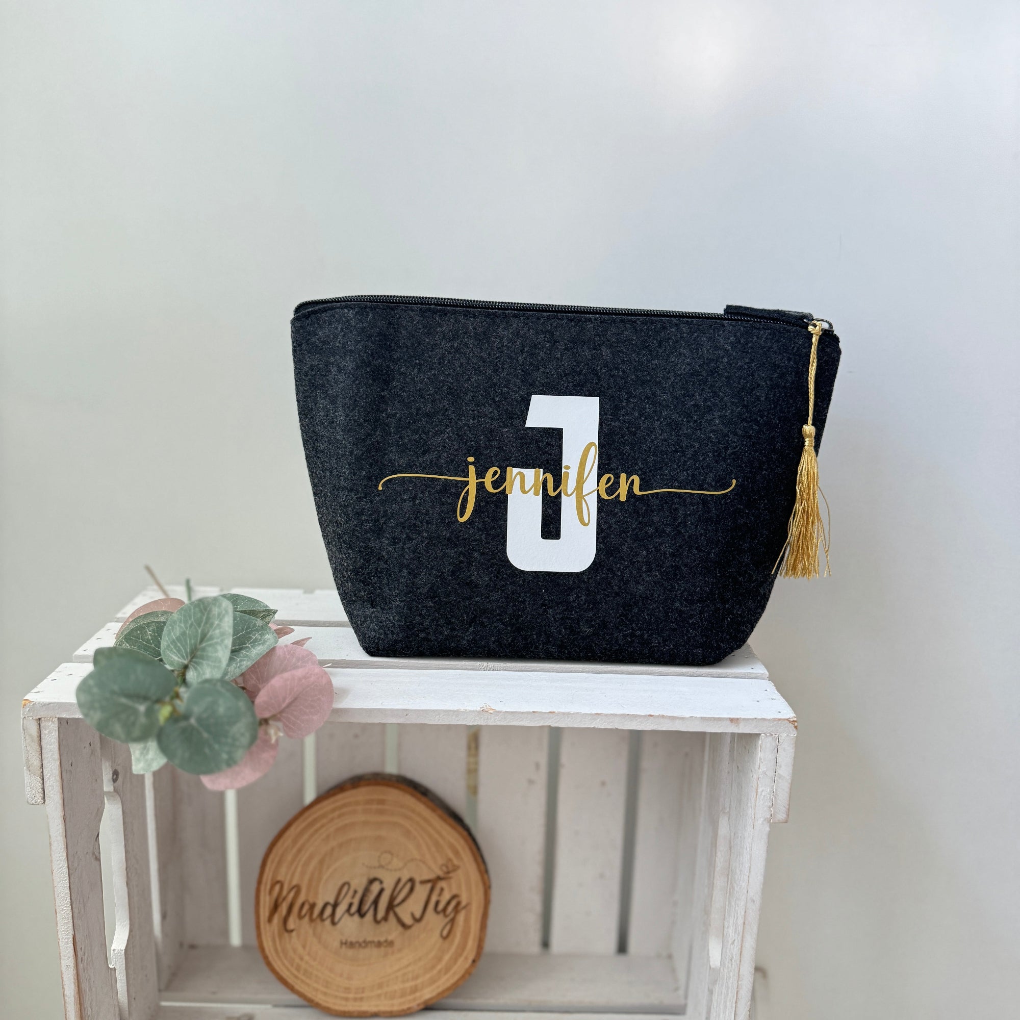 Kosmetiktasche Filz mit Namen (schwarz)