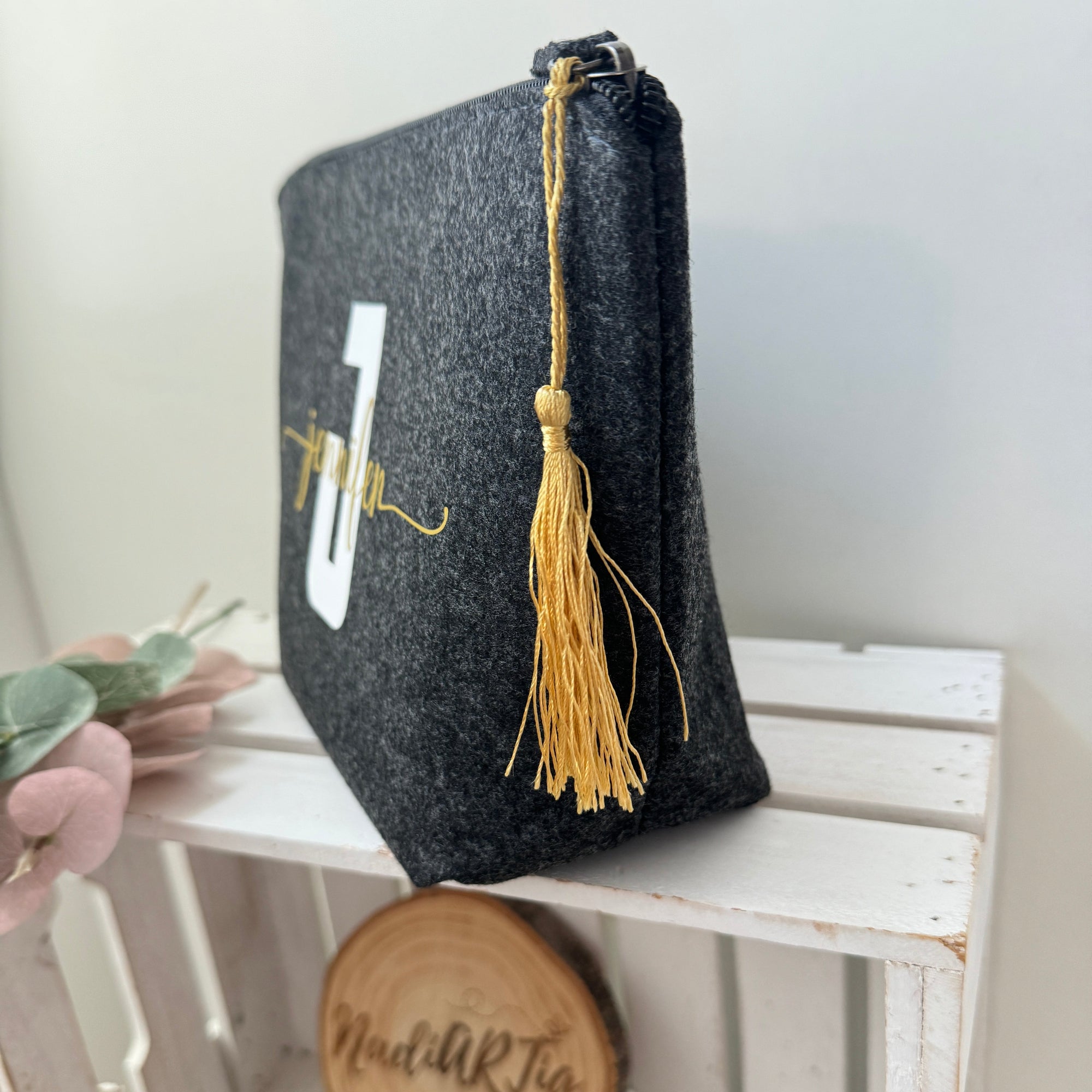 Kosmetiktasche Filz mit Namen (schwarz)
