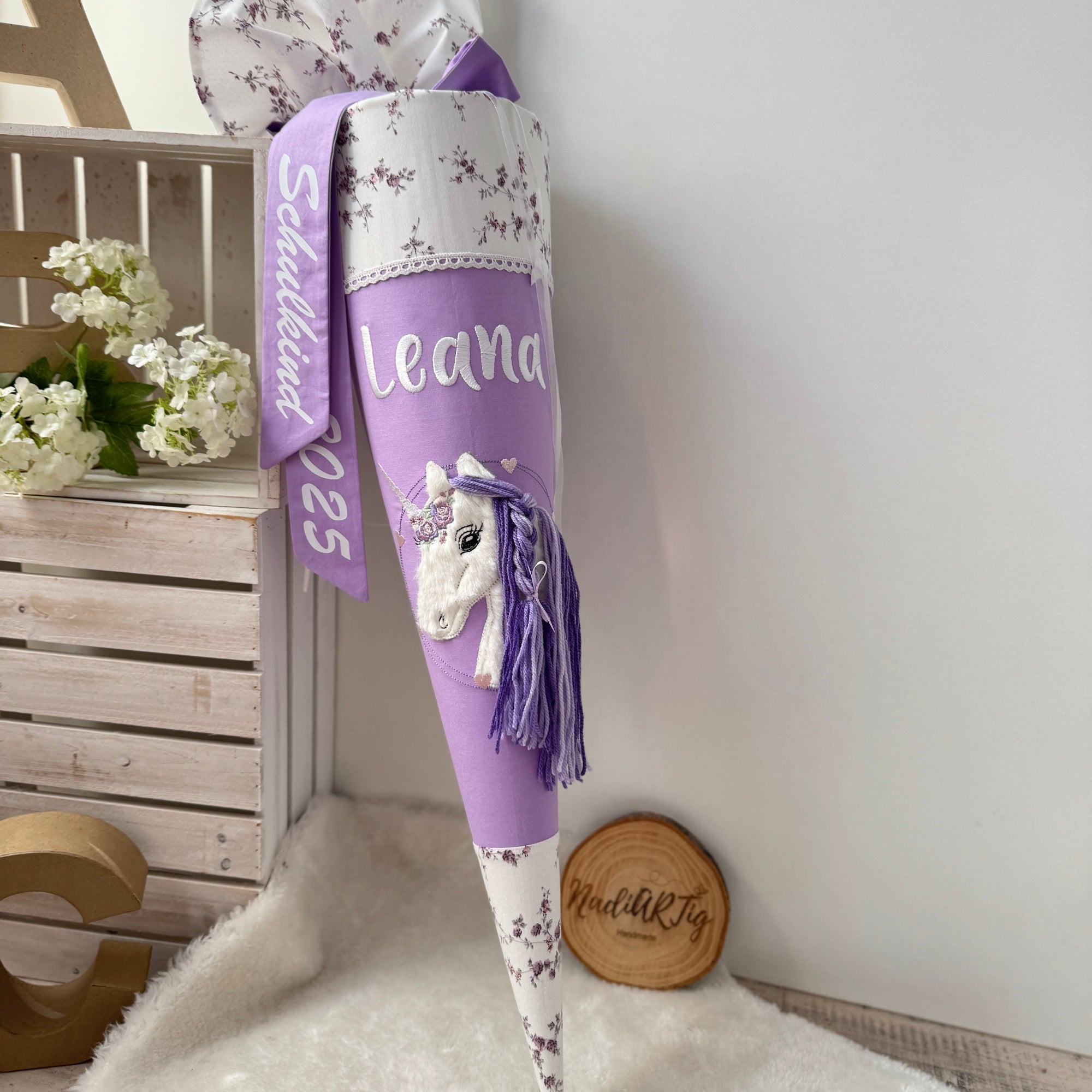 Schultüte Einhorn in flieder Blüten