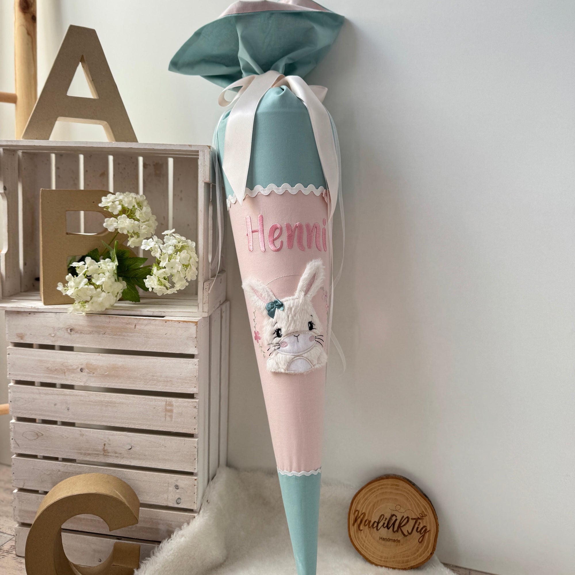 Schultüte Hase in mint/puderrosé