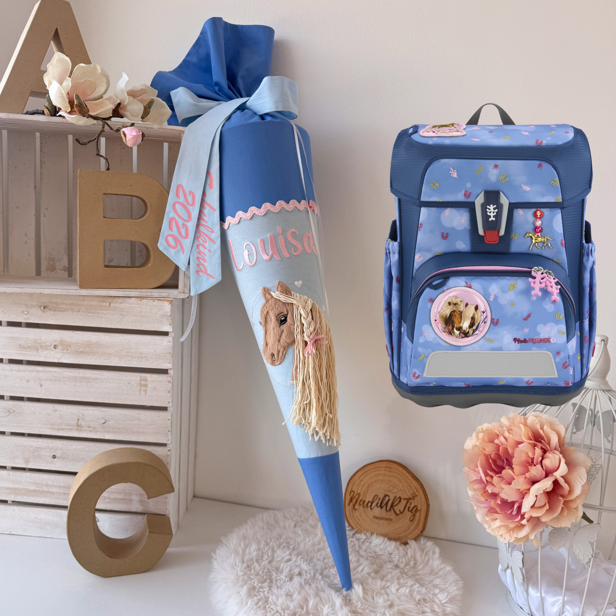 Schultüte Mädchen Pferd in Himmelblau/Rosa