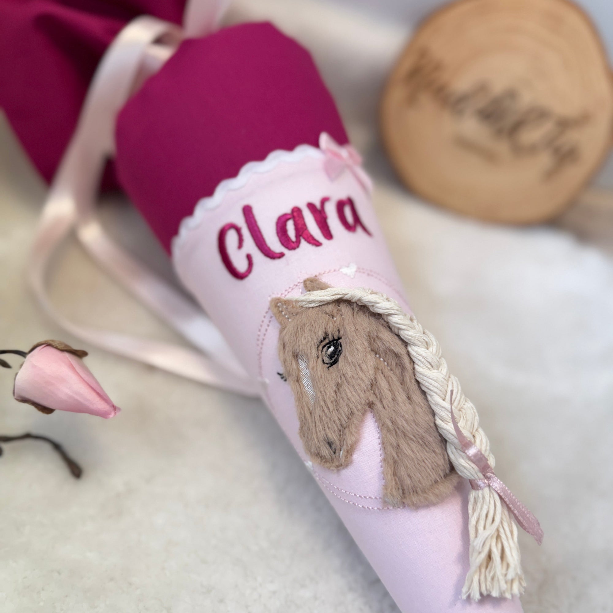 kleine Schultüte Plüsch-Pferd in beere/rosa